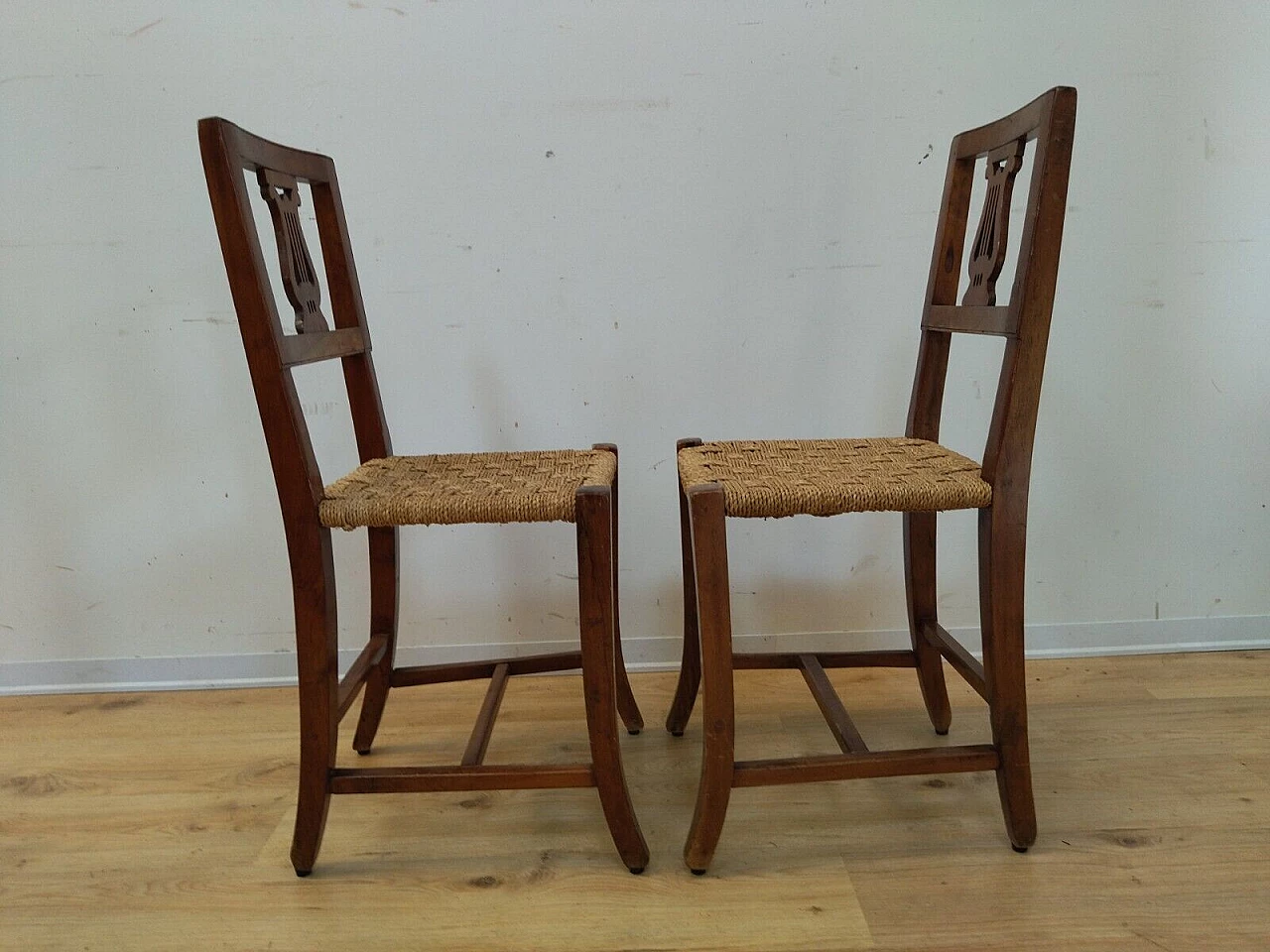 Pair of Empire solid walnut and straw chairs, early 19th century 5