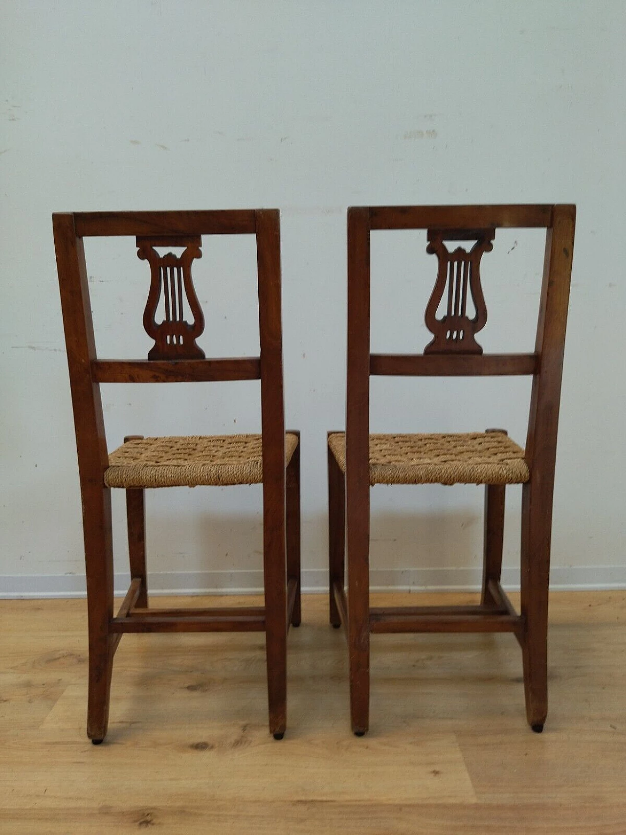 Pair of Empire solid walnut and straw chairs, early 19th century 6