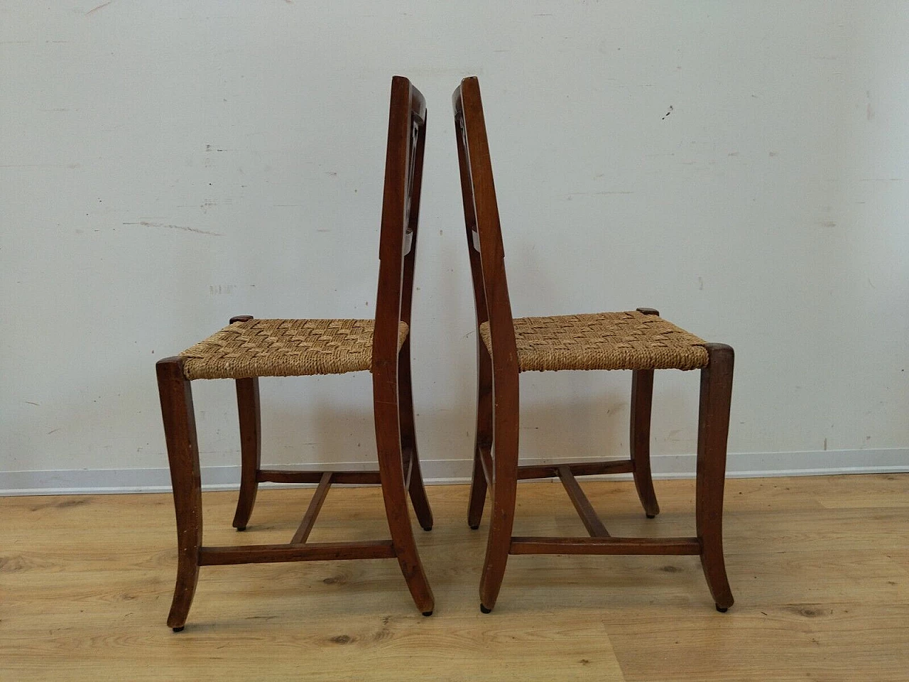 Pair of Empire solid walnut and straw chairs, early 19th century 7