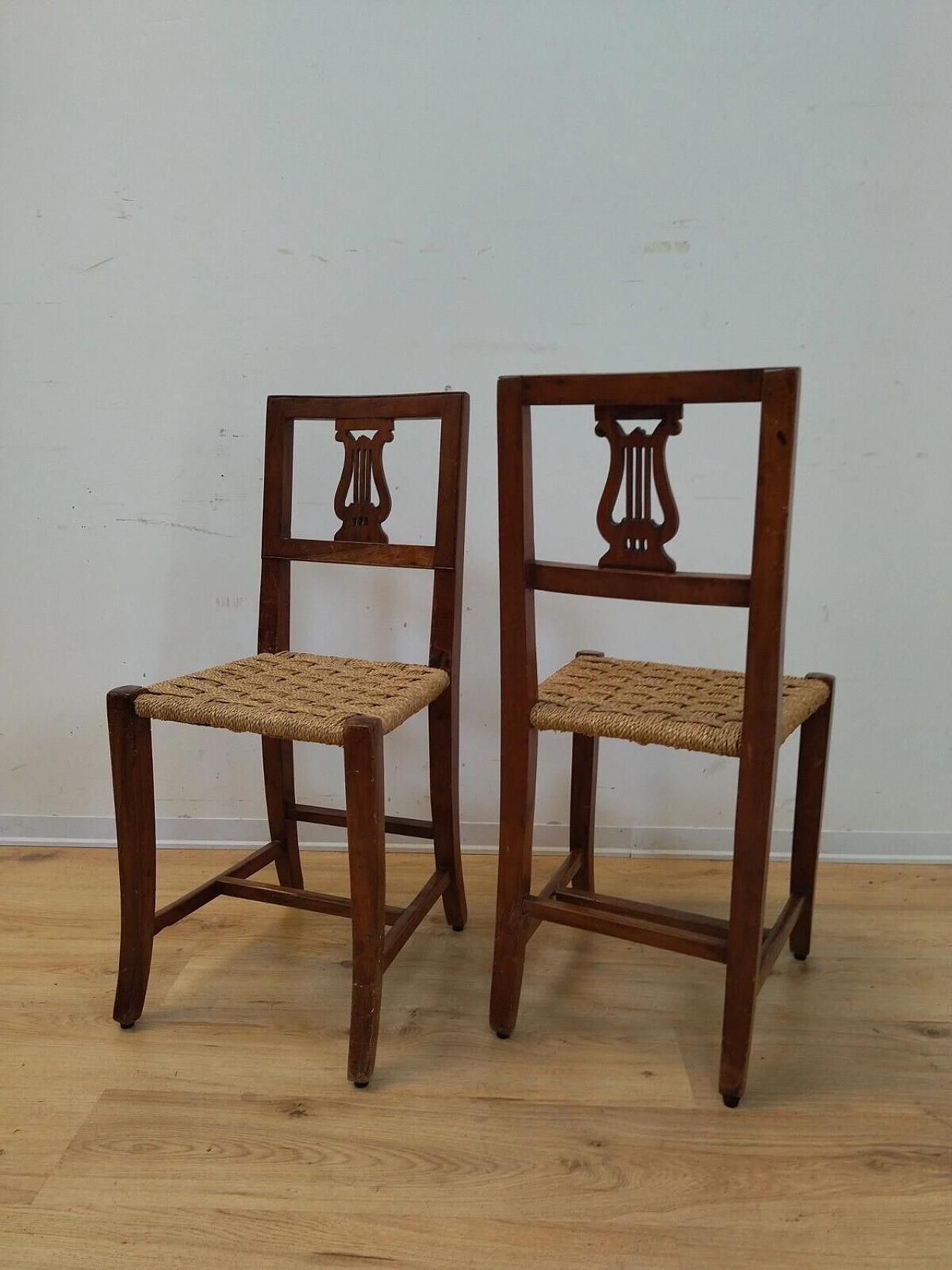 Pair of Empire solid walnut and straw chairs, early 19th century 8