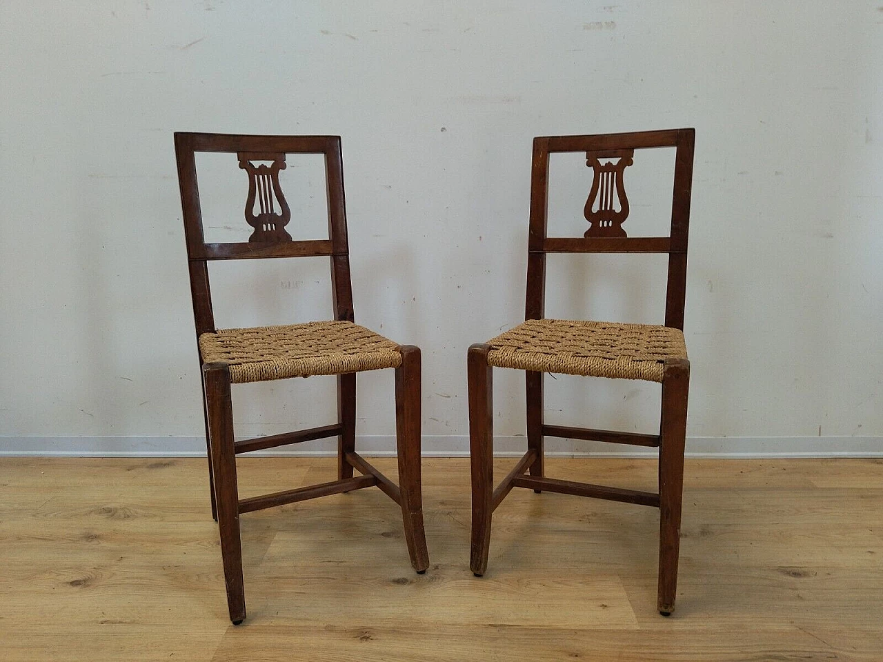 Pair of Empire solid walnut and straw chairs, early 19th century 9