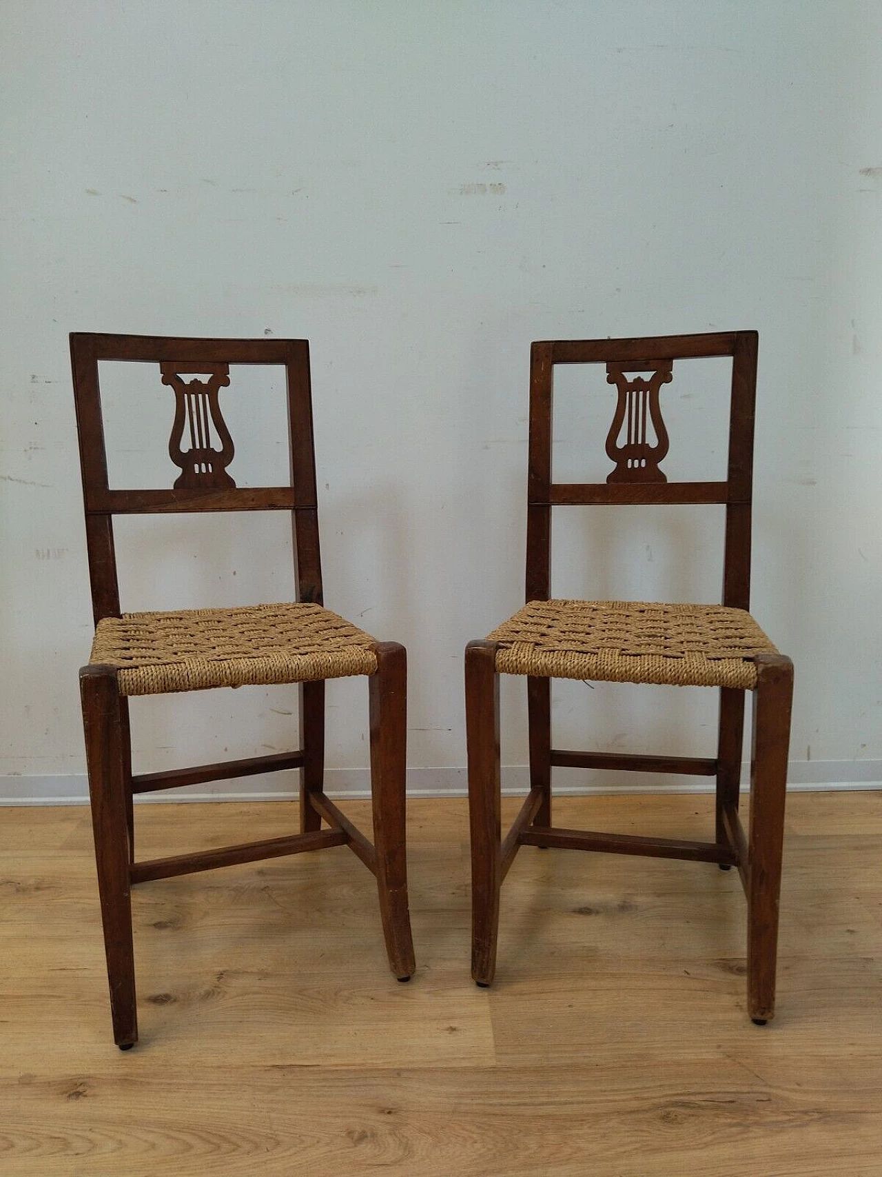 Pair of Empire solid walnut and straw chairs, early 19th century 10