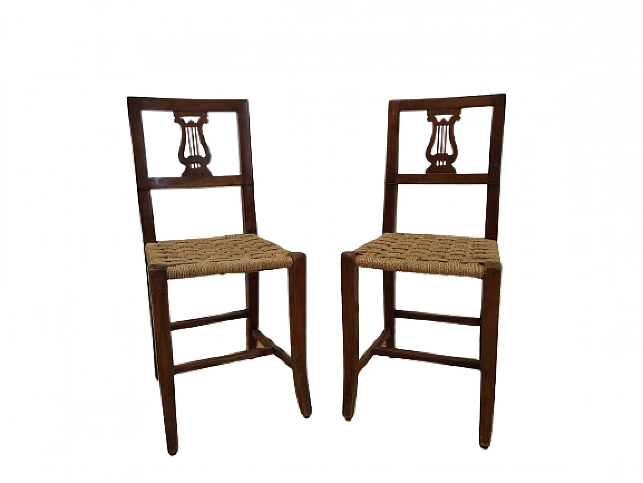 Pair of Empire solid walnut and straw chairs, early 19th century 11