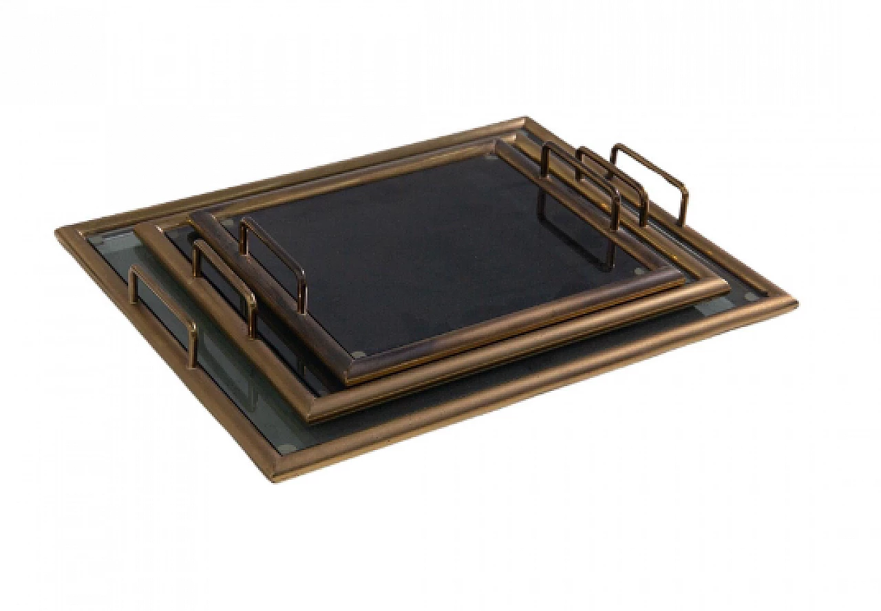 3 Trays in brass and smoked glass, 1950s 1