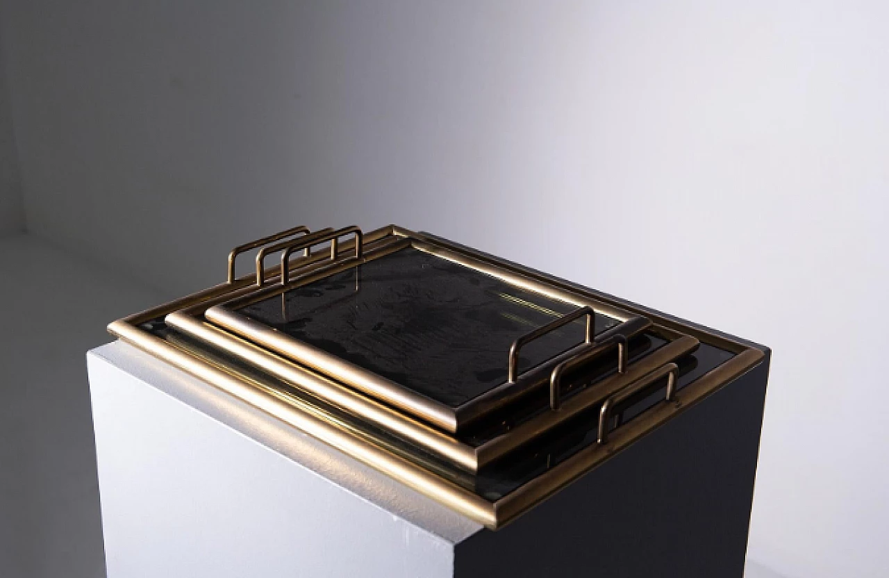 3 Trays in brass and smoked glass, 1950s 4