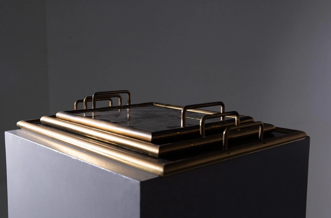 3 Trays in brass and smoked glass, 1950s 5