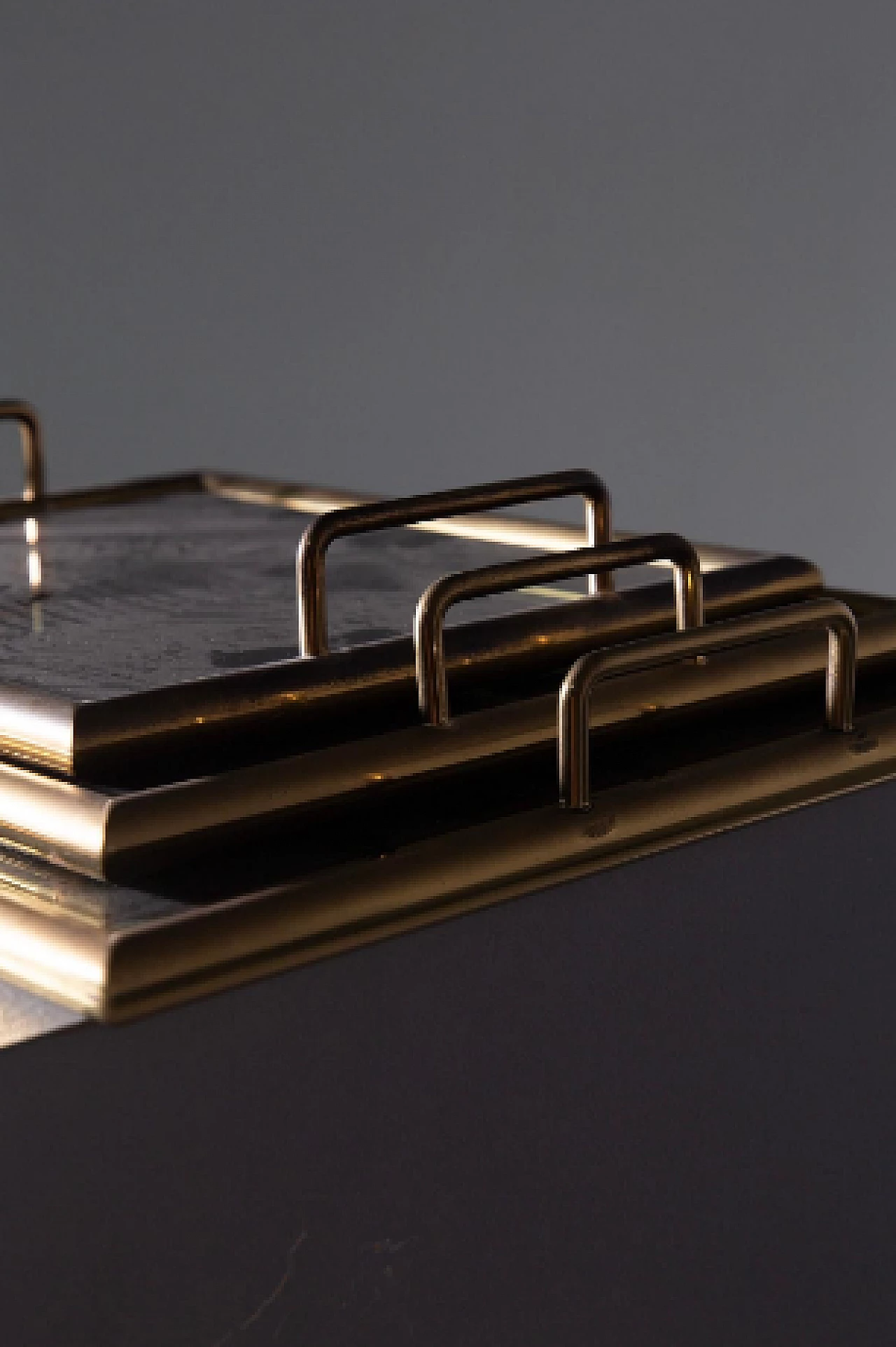 3 Trays in brass and smoked glass, 1950s 6