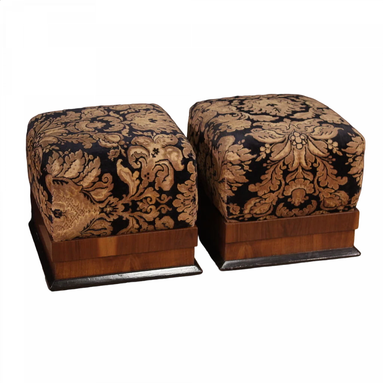 Pair of poufs in walnut, ebonized wood and damask velvet, 1940s 13