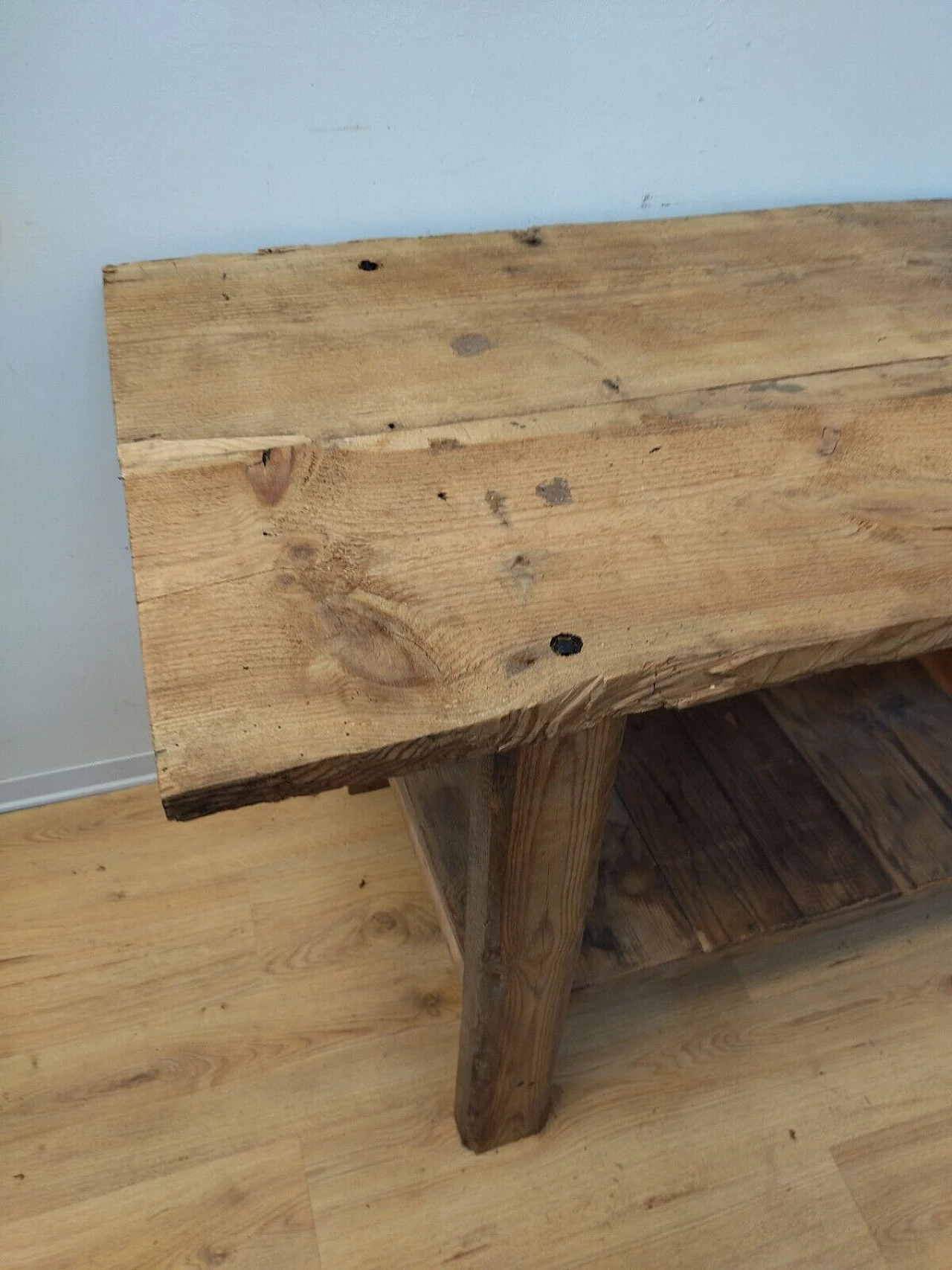 Tavolo da lavoro in larice e abete con cassetto, inizio '900 7