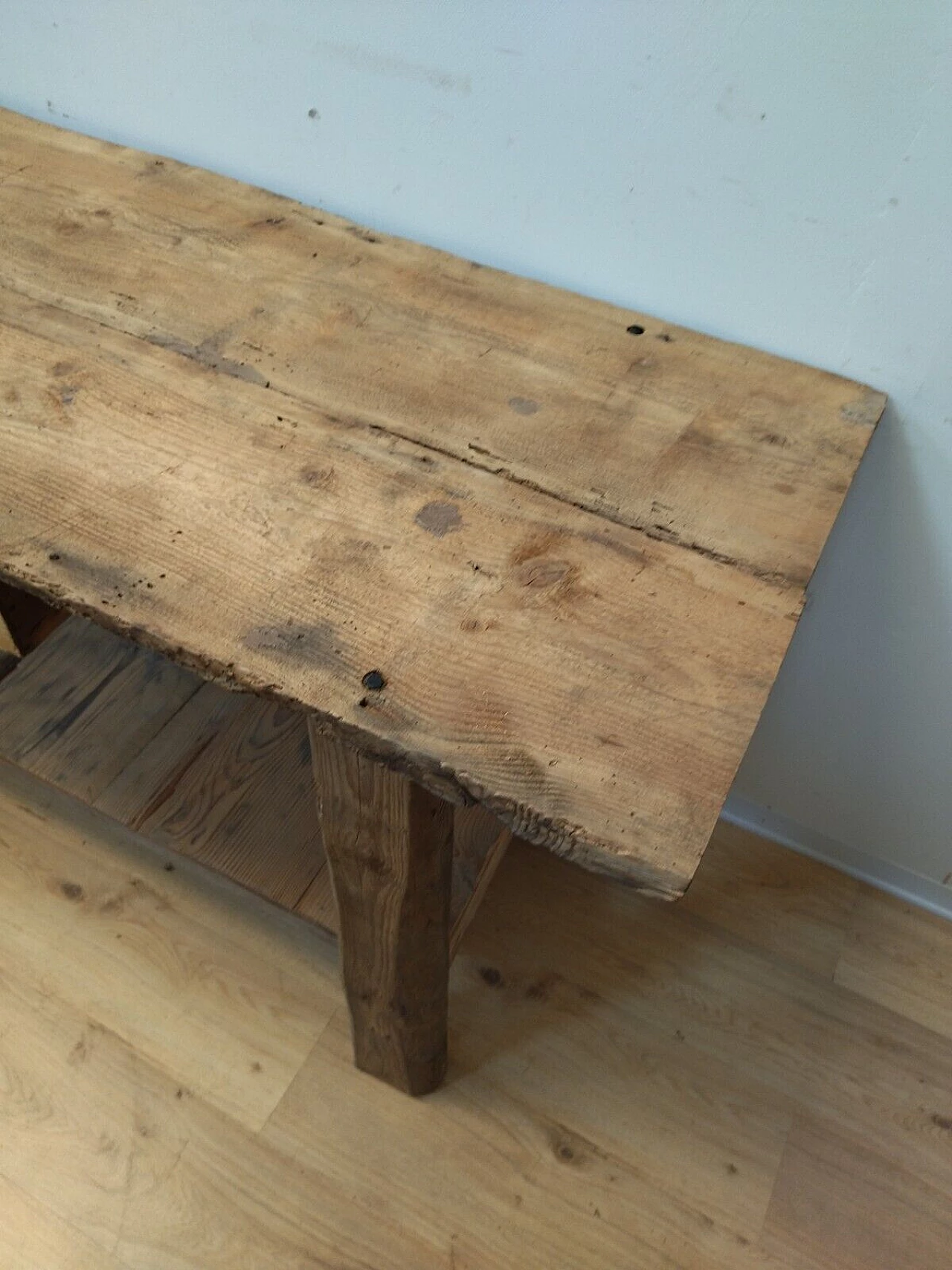 Tavolo da lavoro in larice e abete con cassetto, inizio '900 8