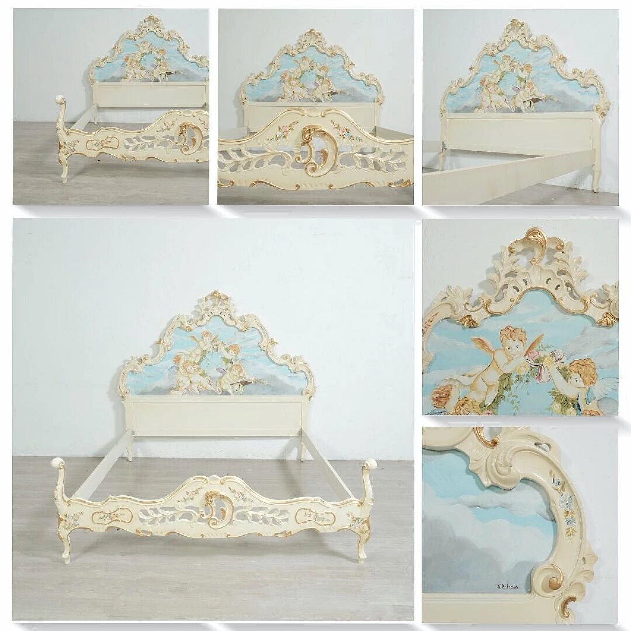 Venetian Baroque style bed, pair of bedside tables, dresser and mirror, 1960s 11
