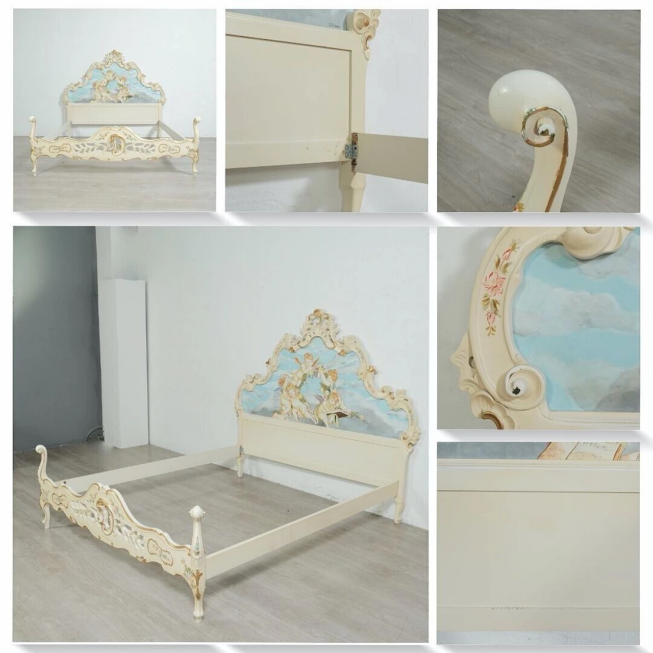 Venetian Baroque style bed, pair of bedside tables, dresser and mirror, 1960s 12