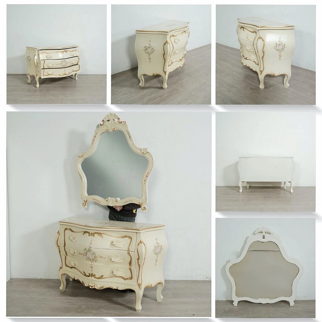 Venetian Baroque style bed, pair of bedside tables, dresser and mirror, 1960s 13