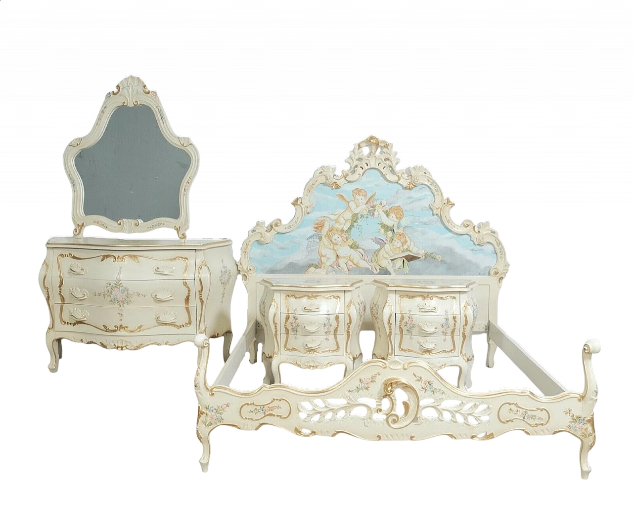 Venetian Baroque style bed, pair of bedside tables, dresser and mirror, 1960s 18