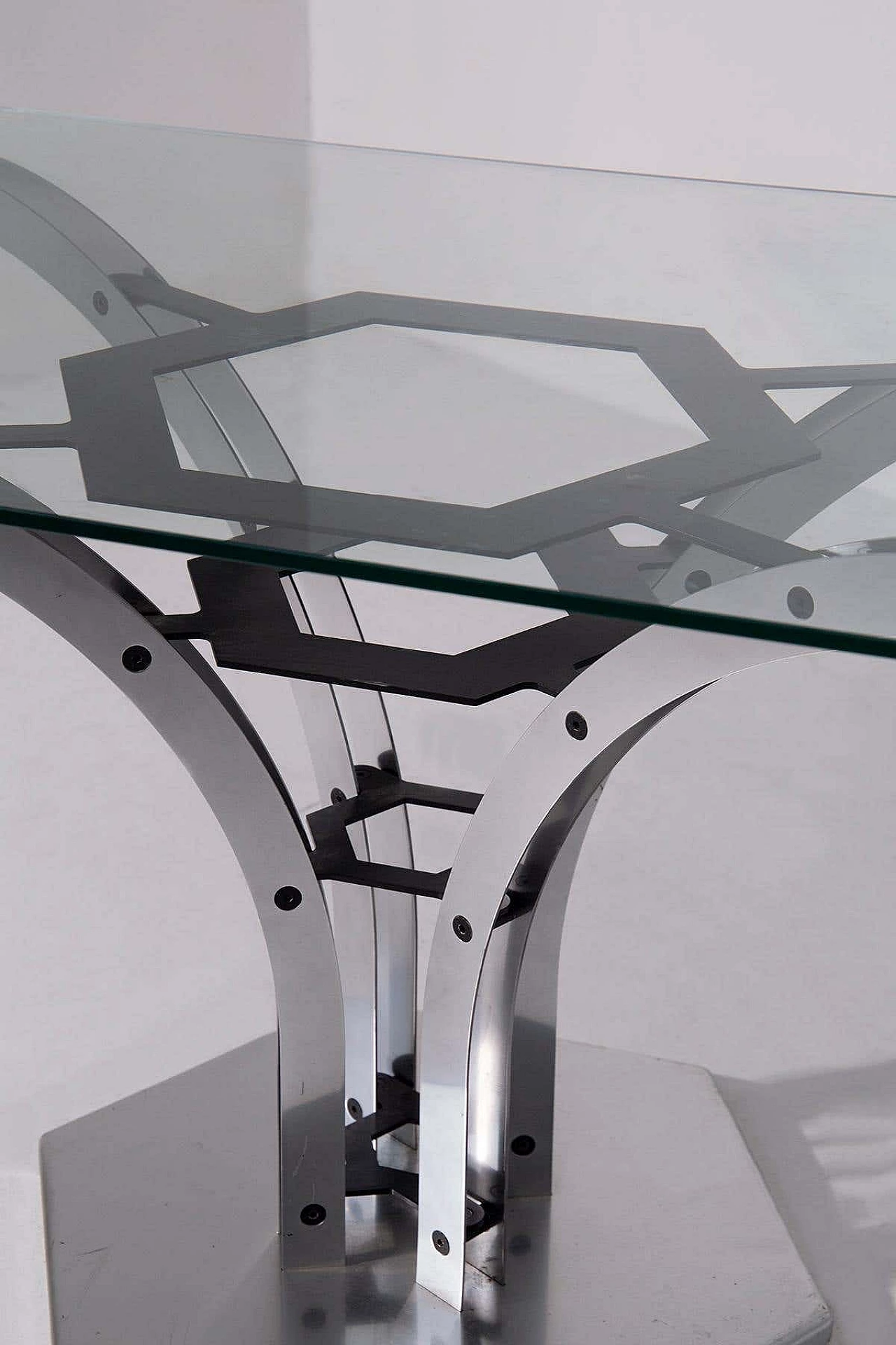 Steel and metal table with glass top, 1970s 2