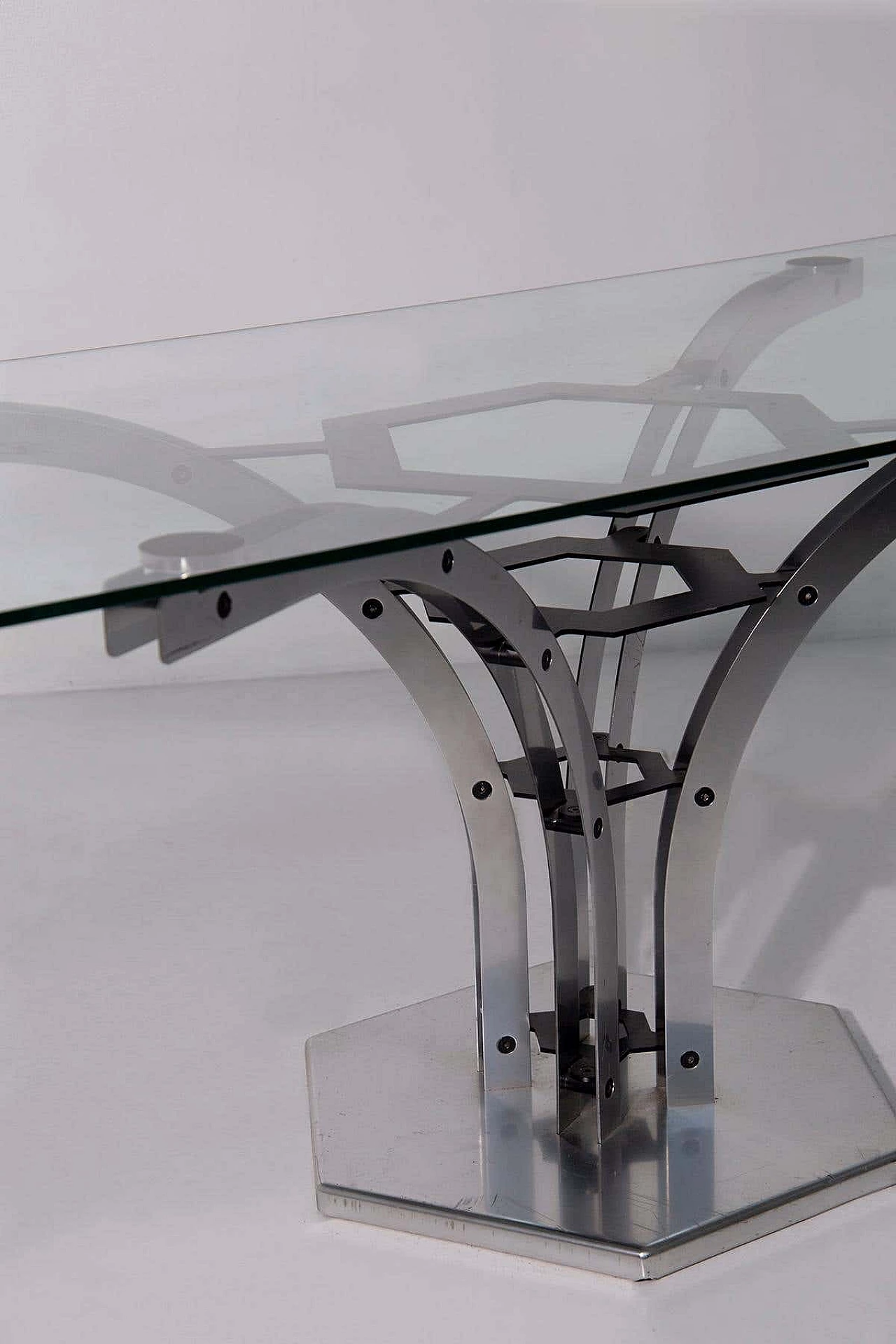 Steel and metal table with glass top, 1970s 7