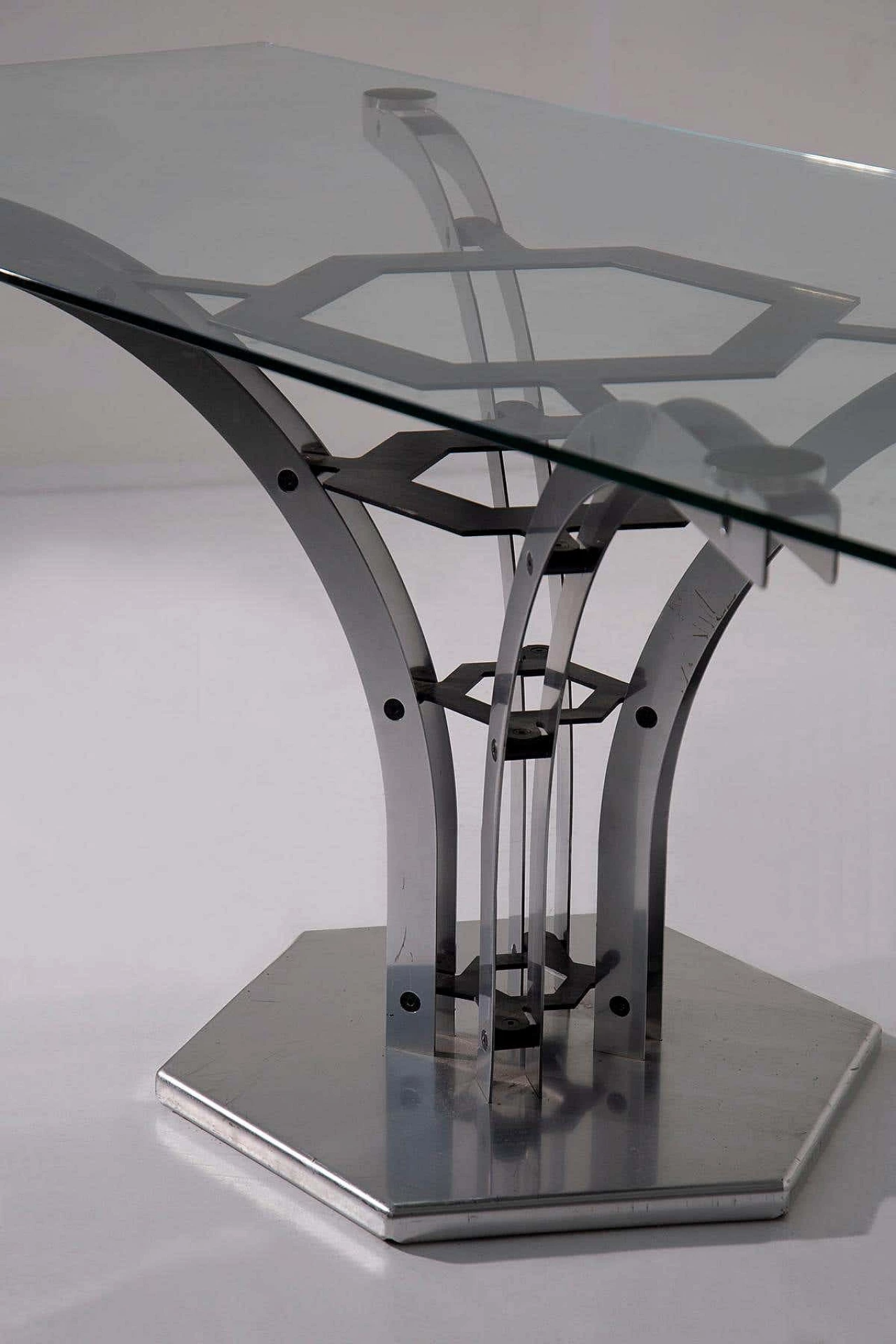 Steel and metal table with glass top, 1970s 9
