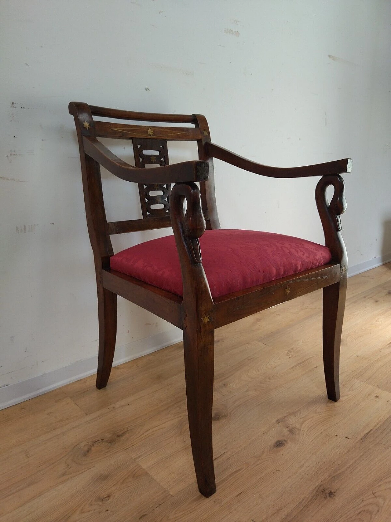 Empire walnut armchair with brass inlays, early 19th century 3