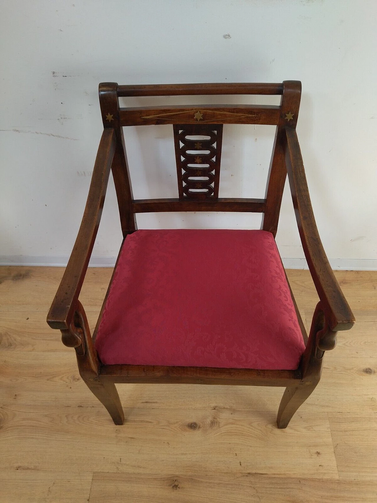 Empire walnut armchair with brass inlays, early 19th century 4