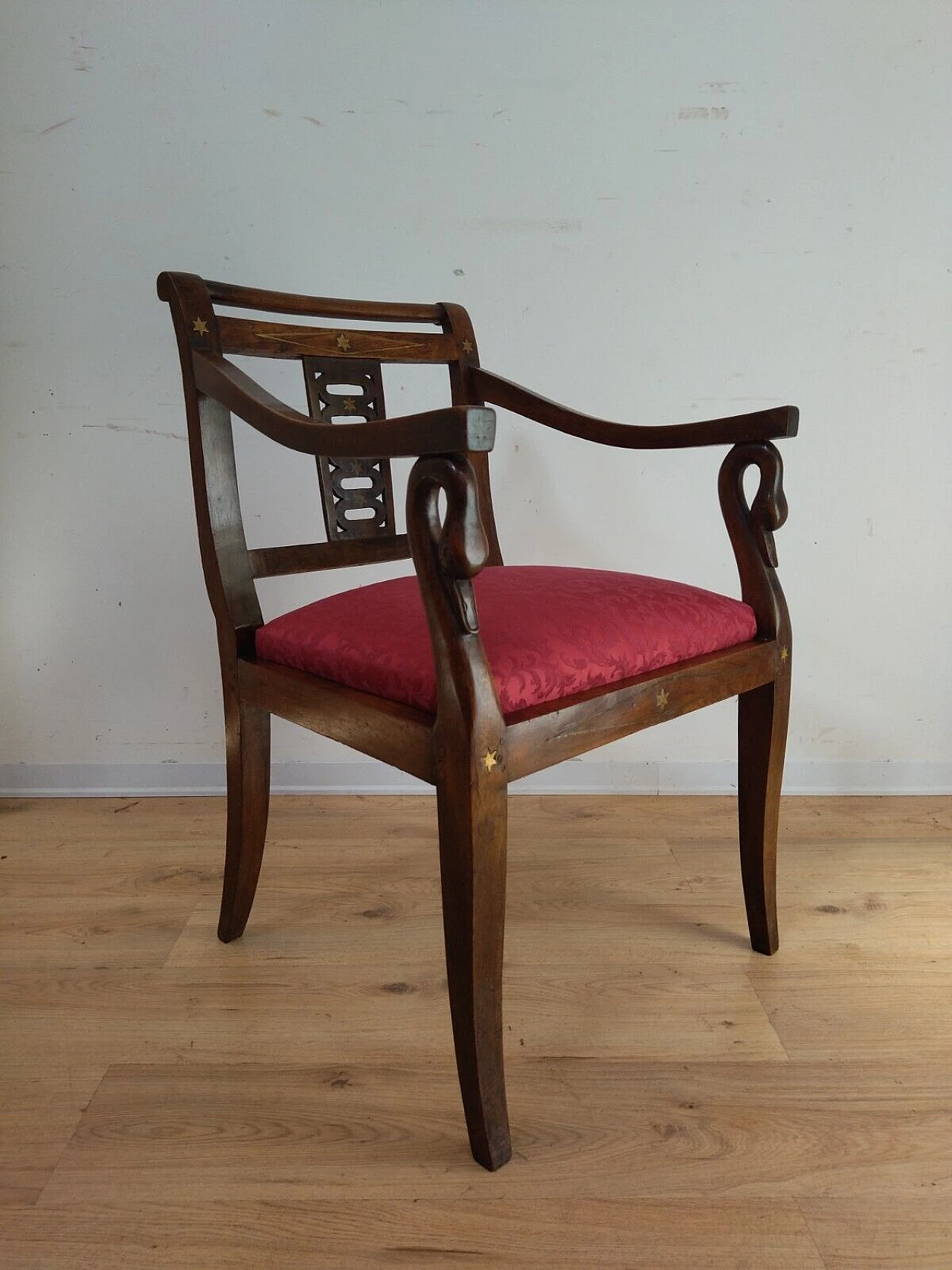 Empire walnut armchair with brass inlays, early 19th century 10