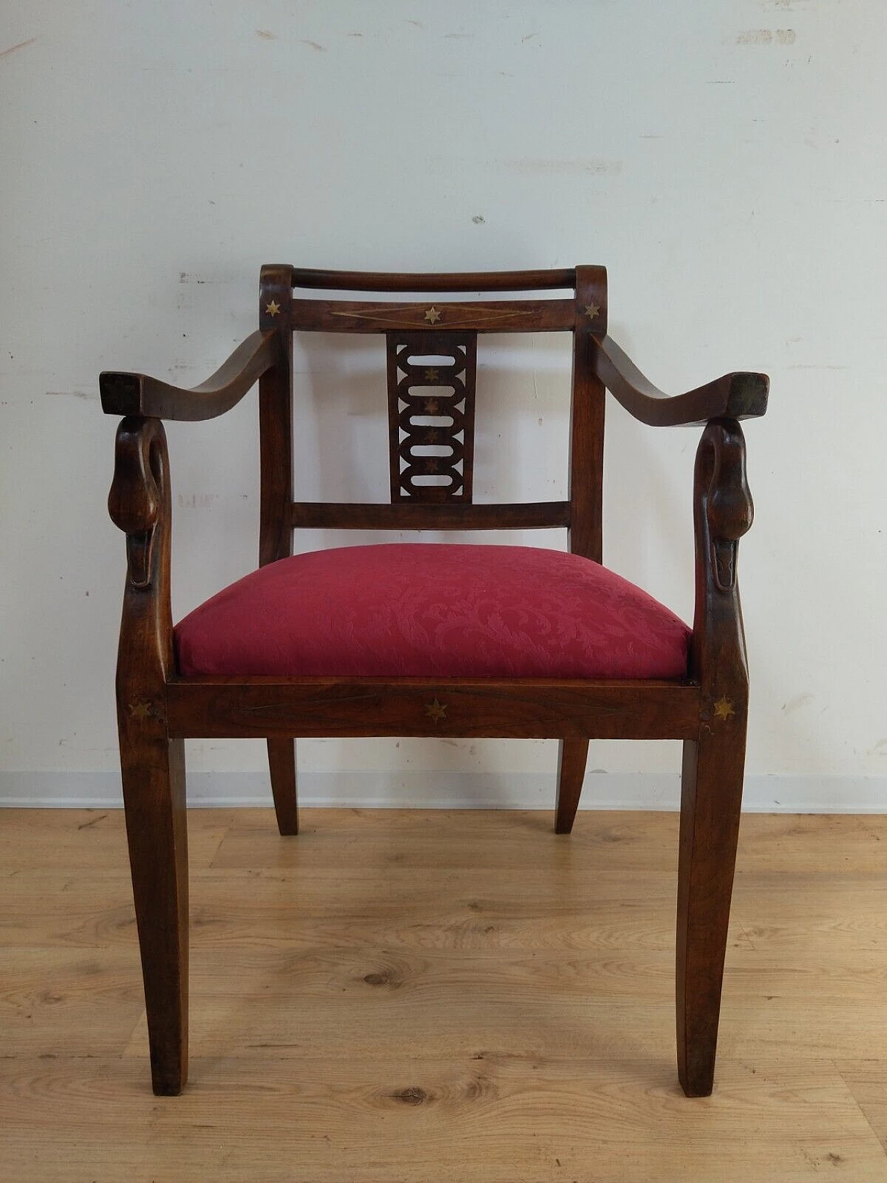 Empire walnut armchair with brass inlays, early 19th century 18