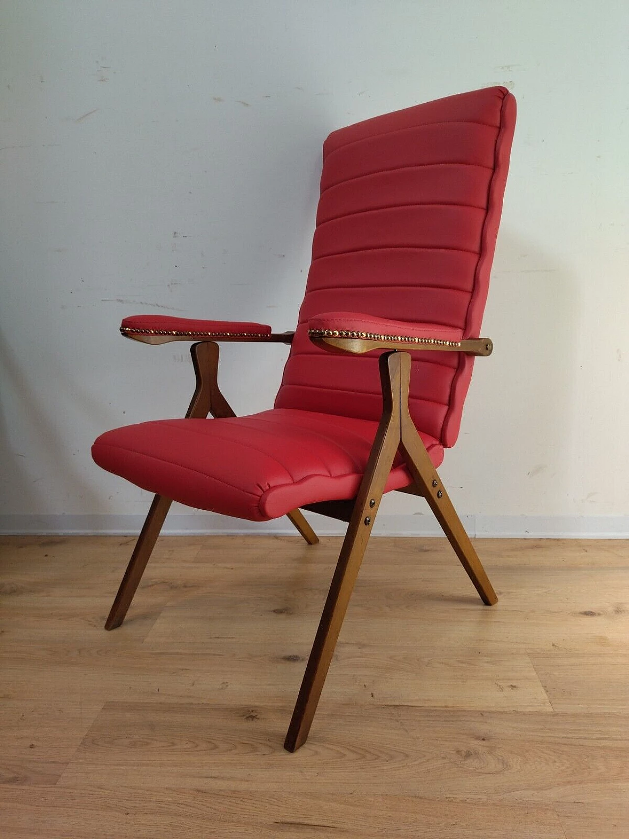Solid beech and red eco-leather reclining armchair, 1950s 1