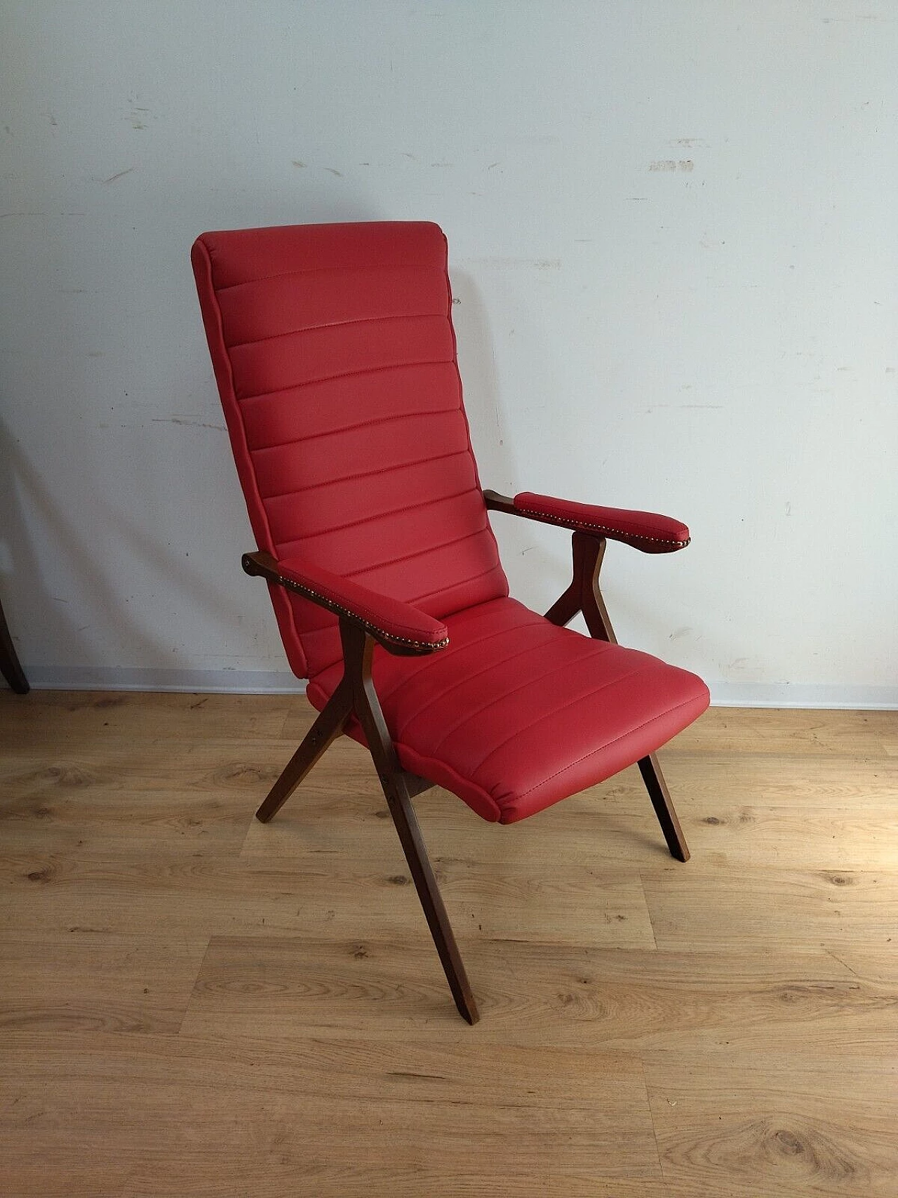 Solid beech and red eco-leather reclining armchair, 1950s 3