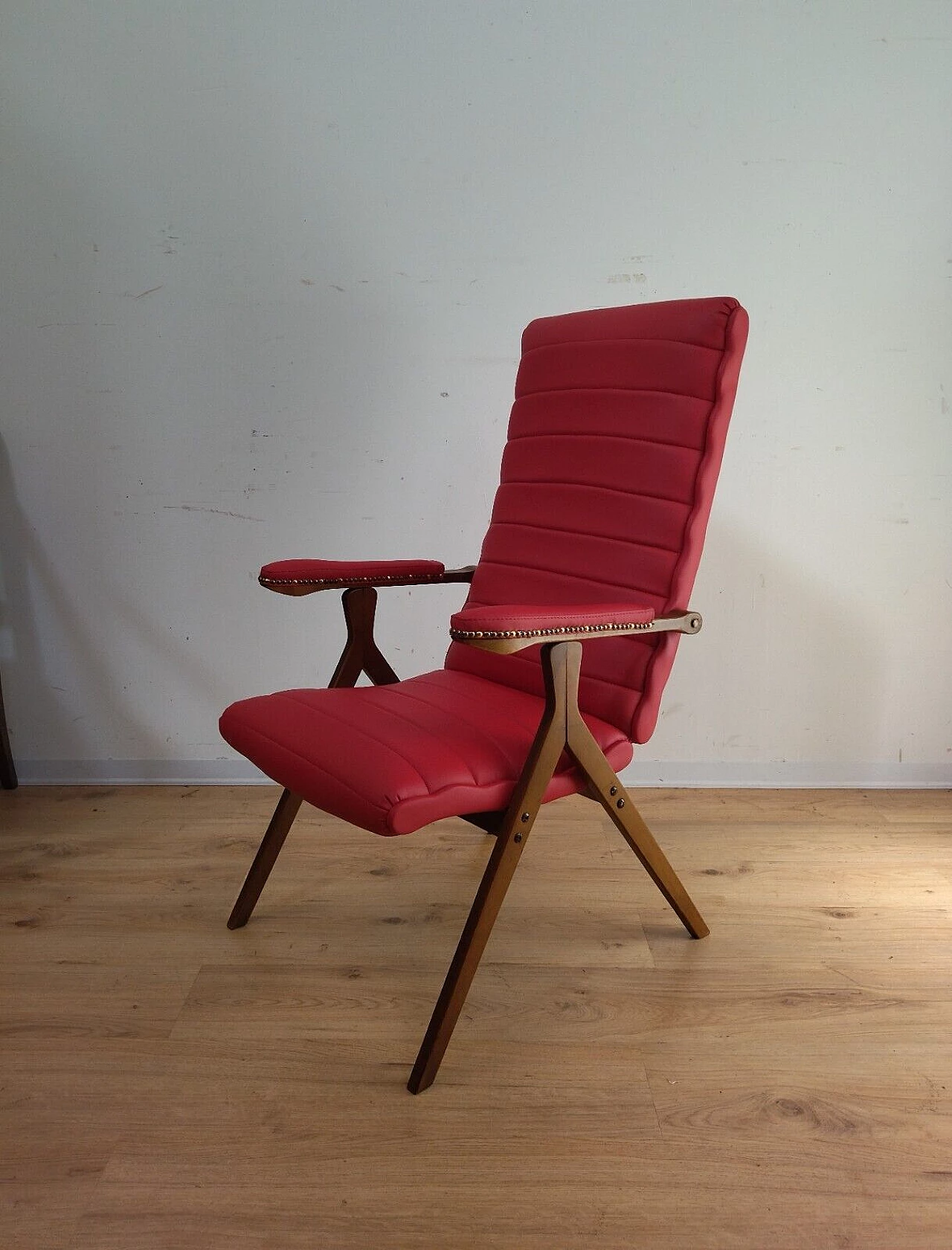 Solid beech and red eco-leather reclining armchair, 1950s 4