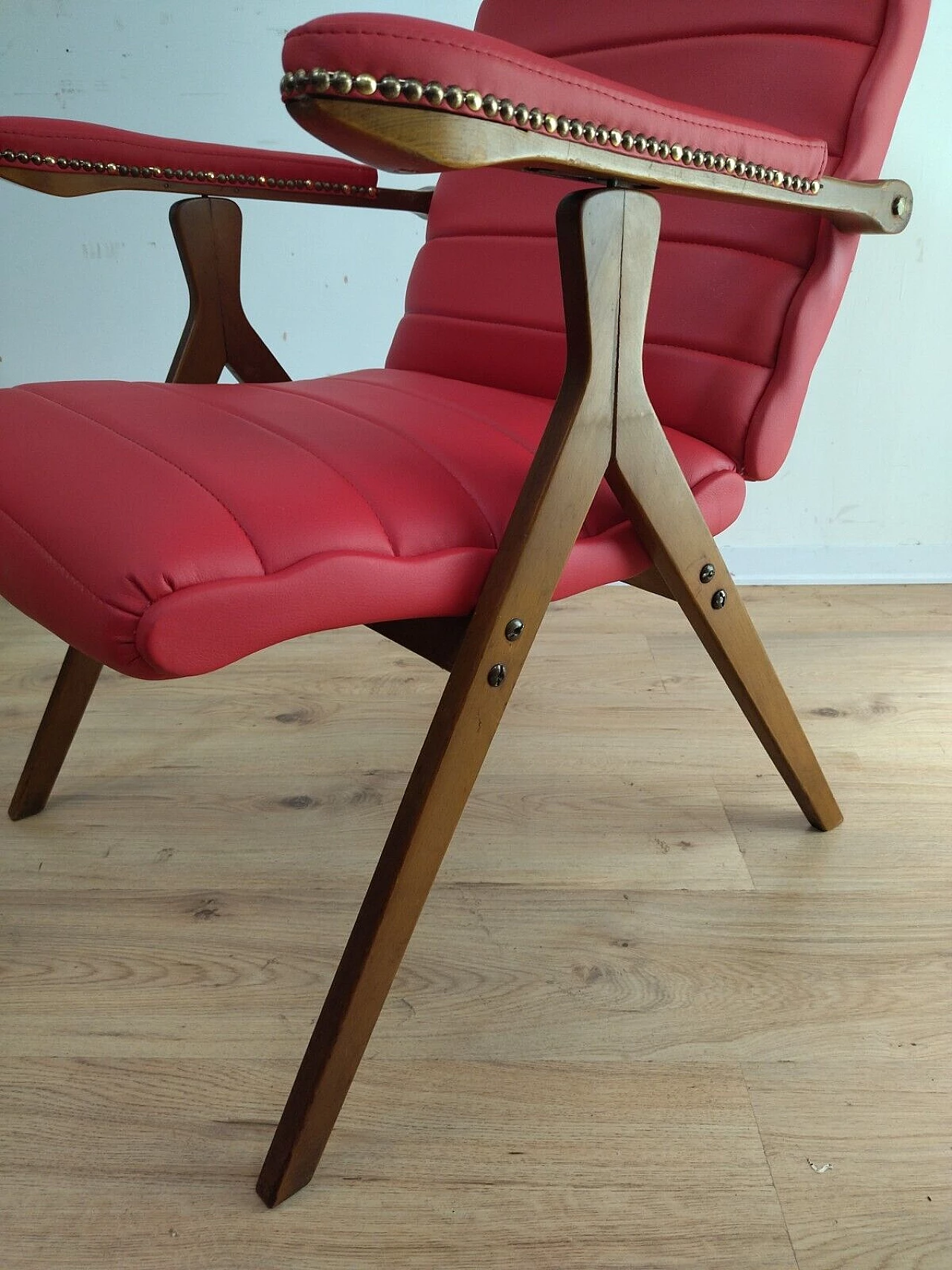 Solid beech and red eco-leather reclining armchair, 1950s 5