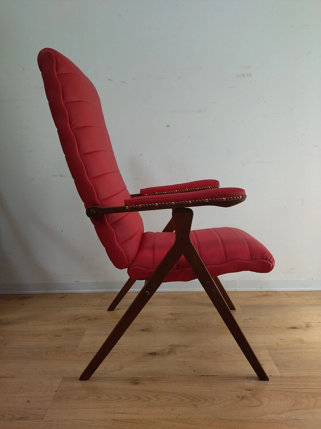 Solid beech and red eco-leather reclining armchair, 1950s 8
