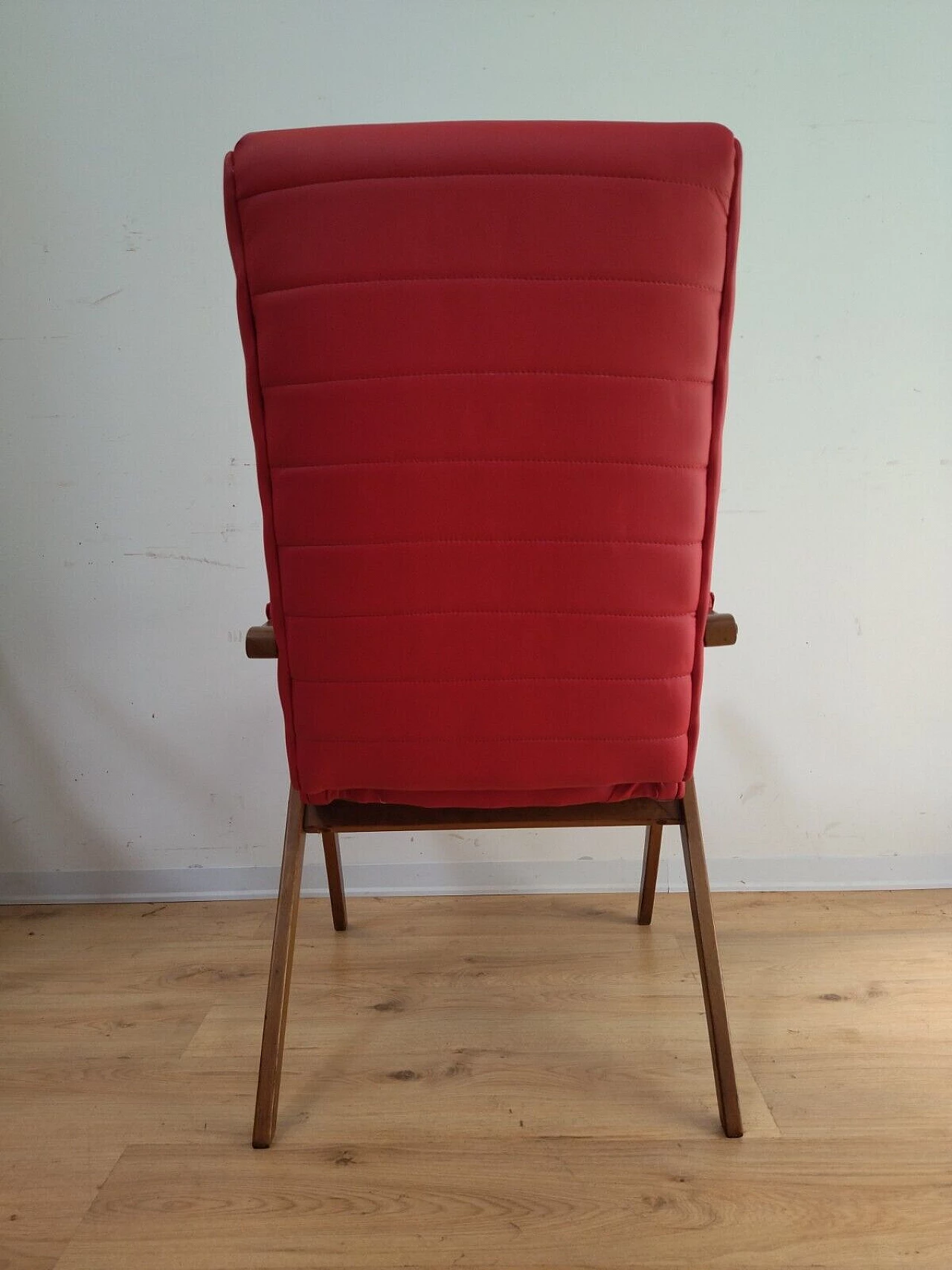 Solid beech and red eco-leather reclining armchair, 1950s 9