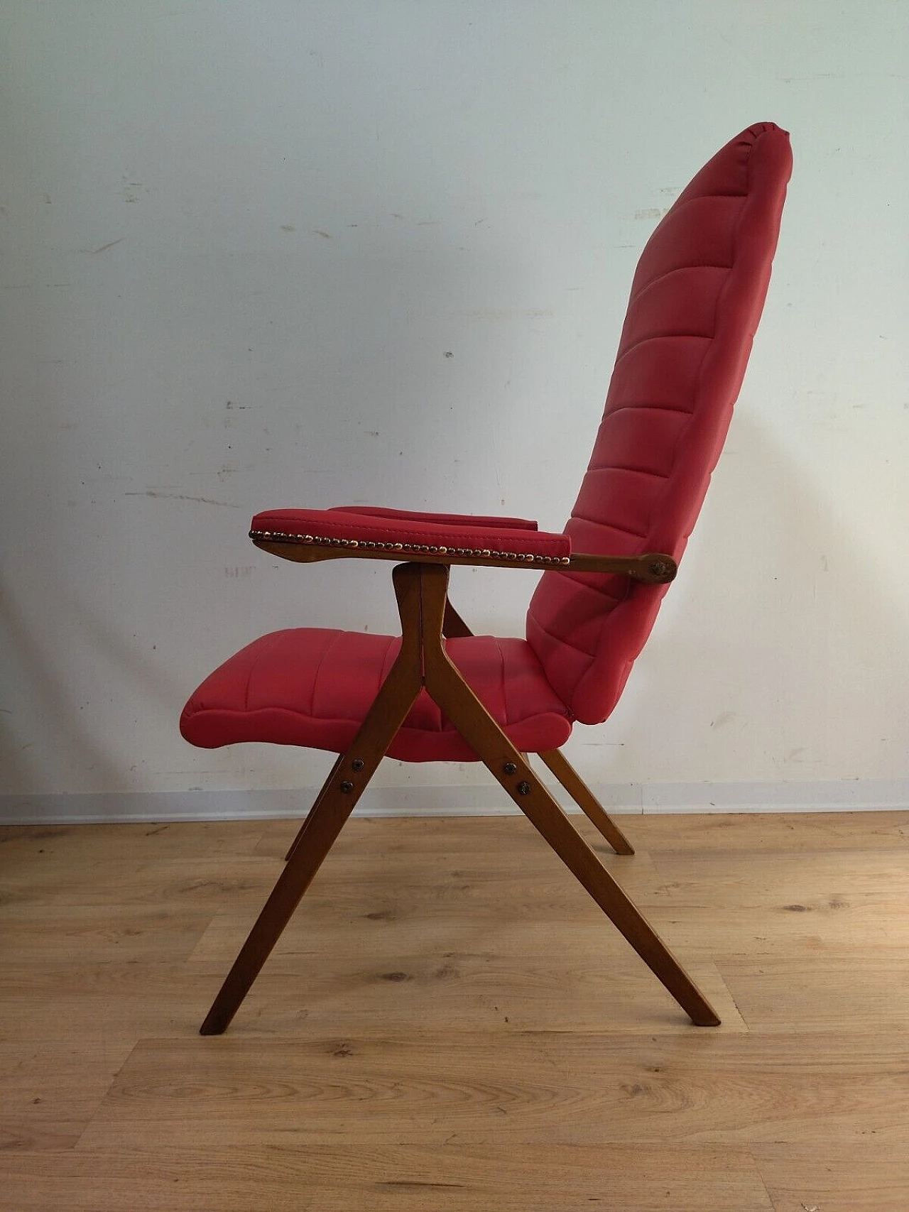 Solid beech and red eco-leather reclining armchair, 1950s 10