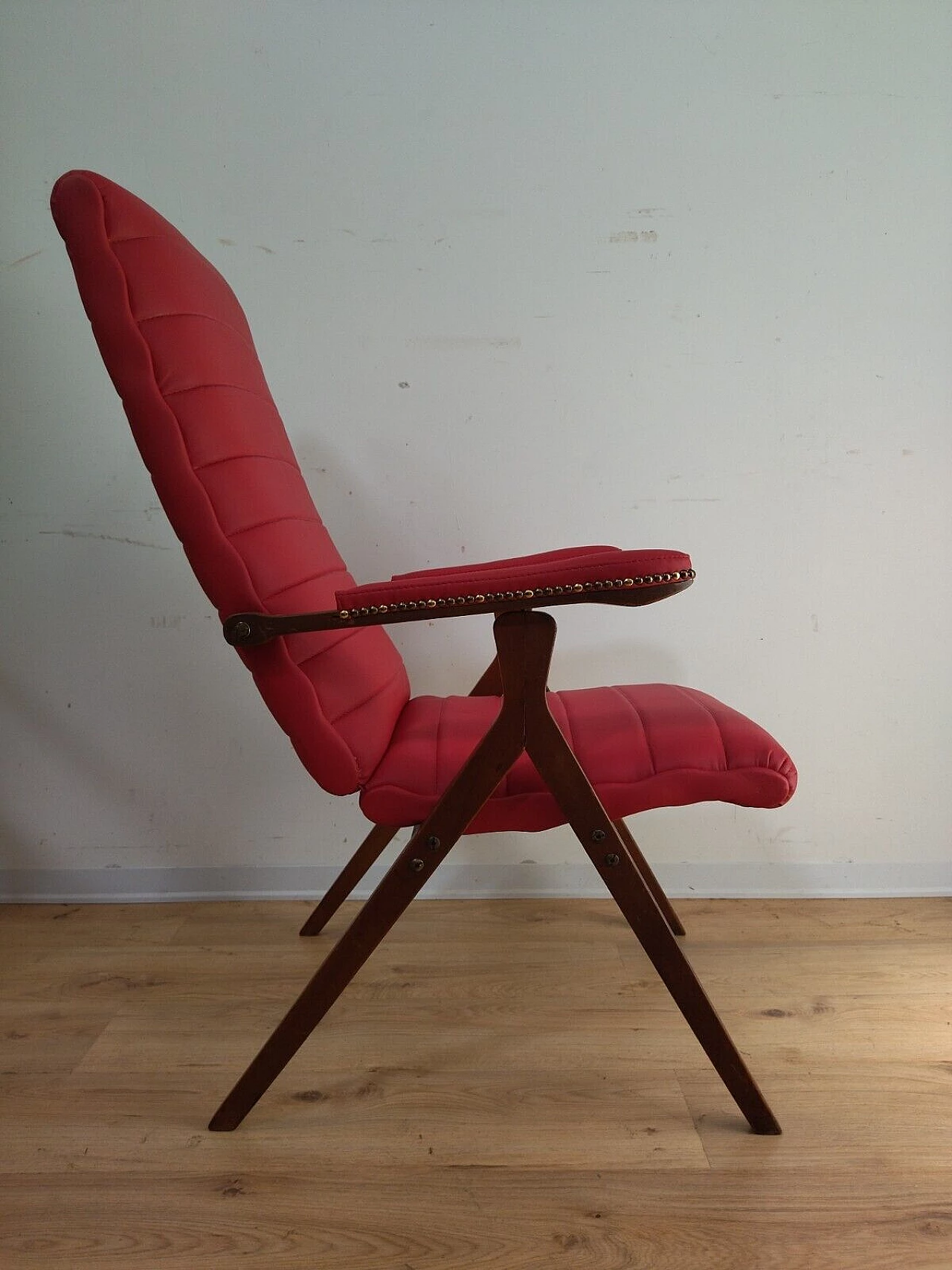 Solid beech and red eco-leather reclining armchair, 1950s 12