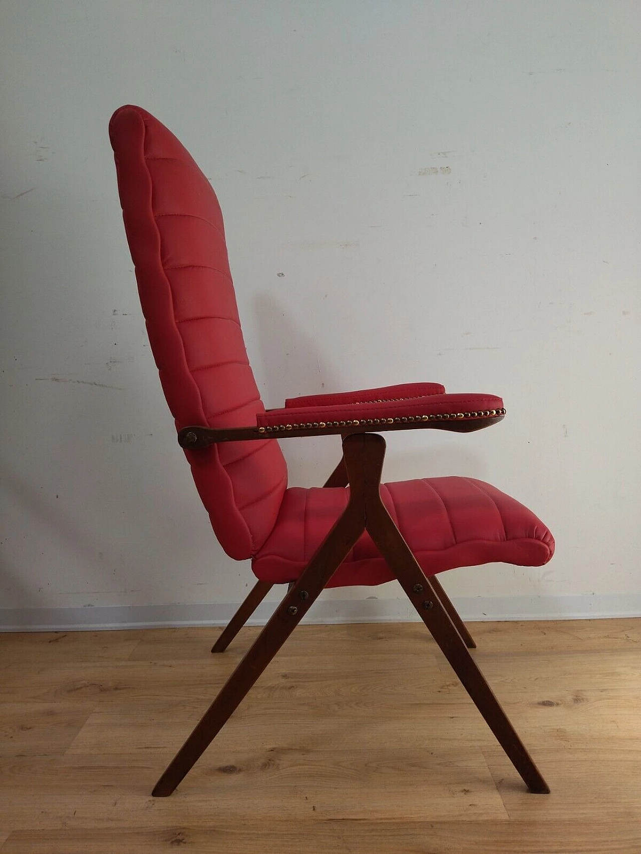 Solid beech and red eco-leather reclining armchair, 1950s 13