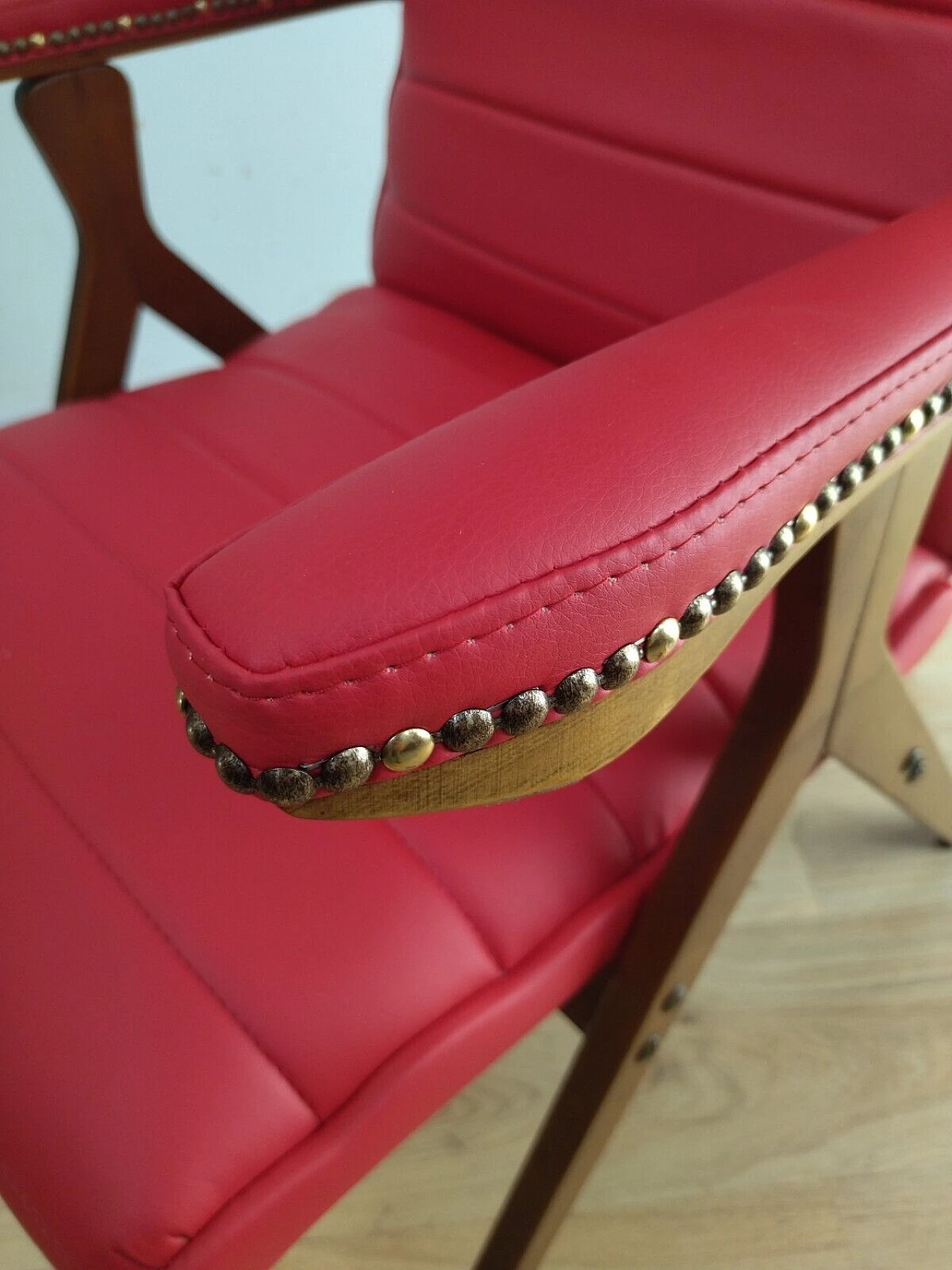 Solid beech and red eco-leather reclining armchair, 1950s 15