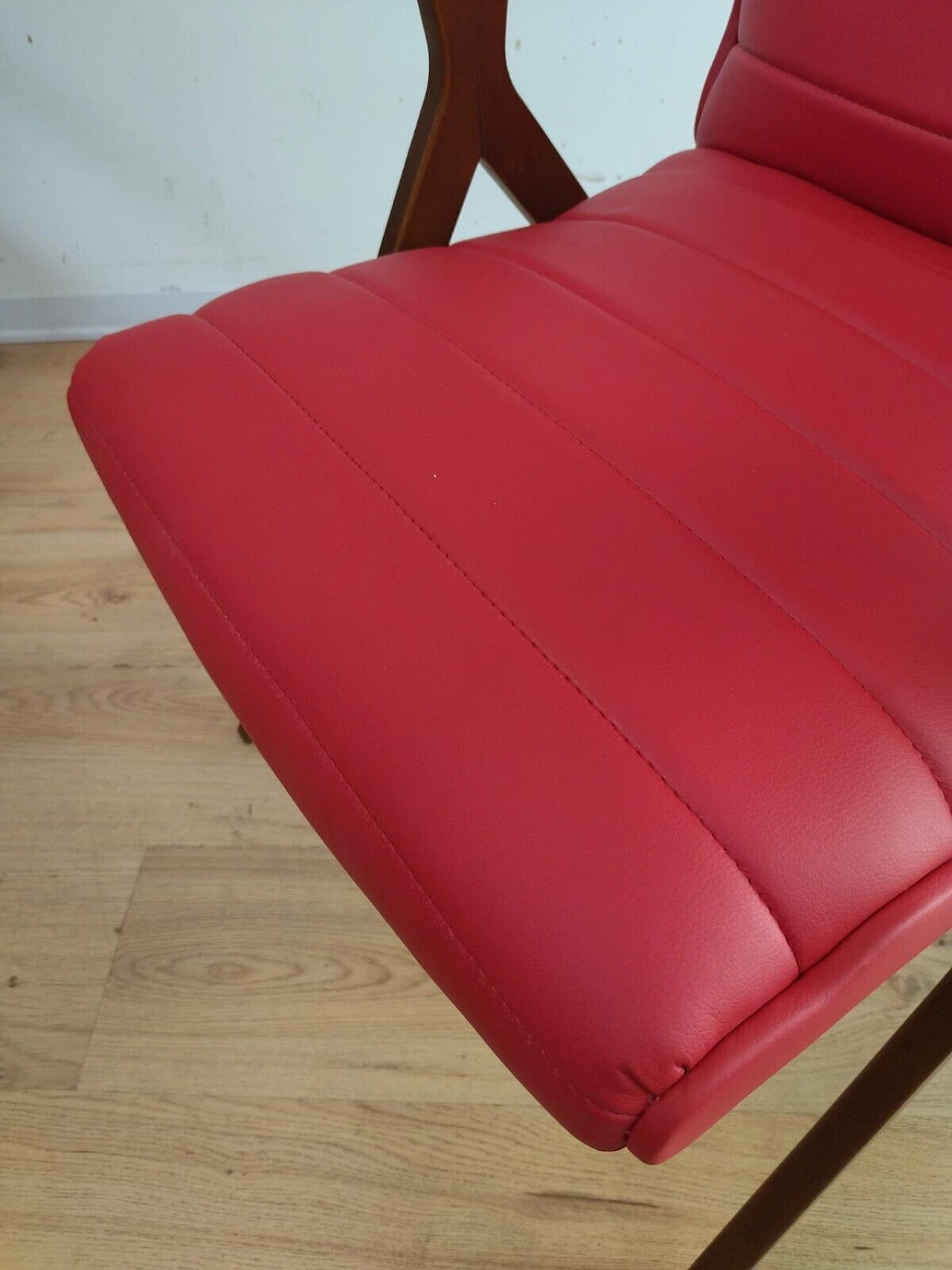 Solid beech and red eco-leather reclining armchair, 1950s 16