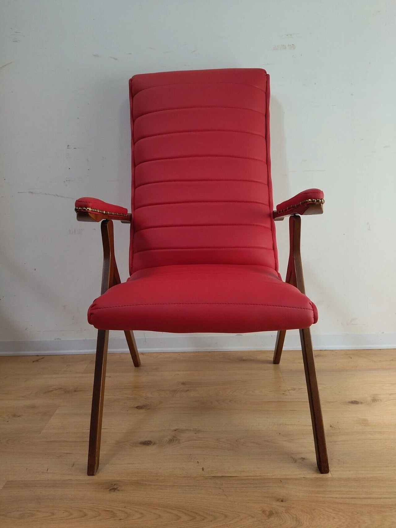 Solid beech and red eco-leather reclining armchair, 1950s 18