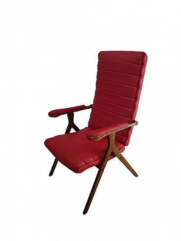 Solid beech and red eco-leather reclining armchair, 1950s