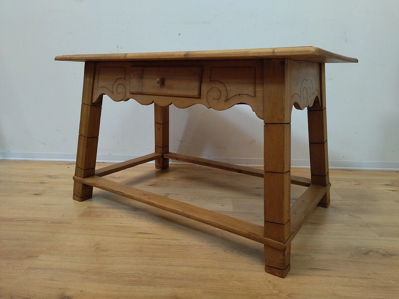 Tyrolese solid spruce table with drawer, 1938 10