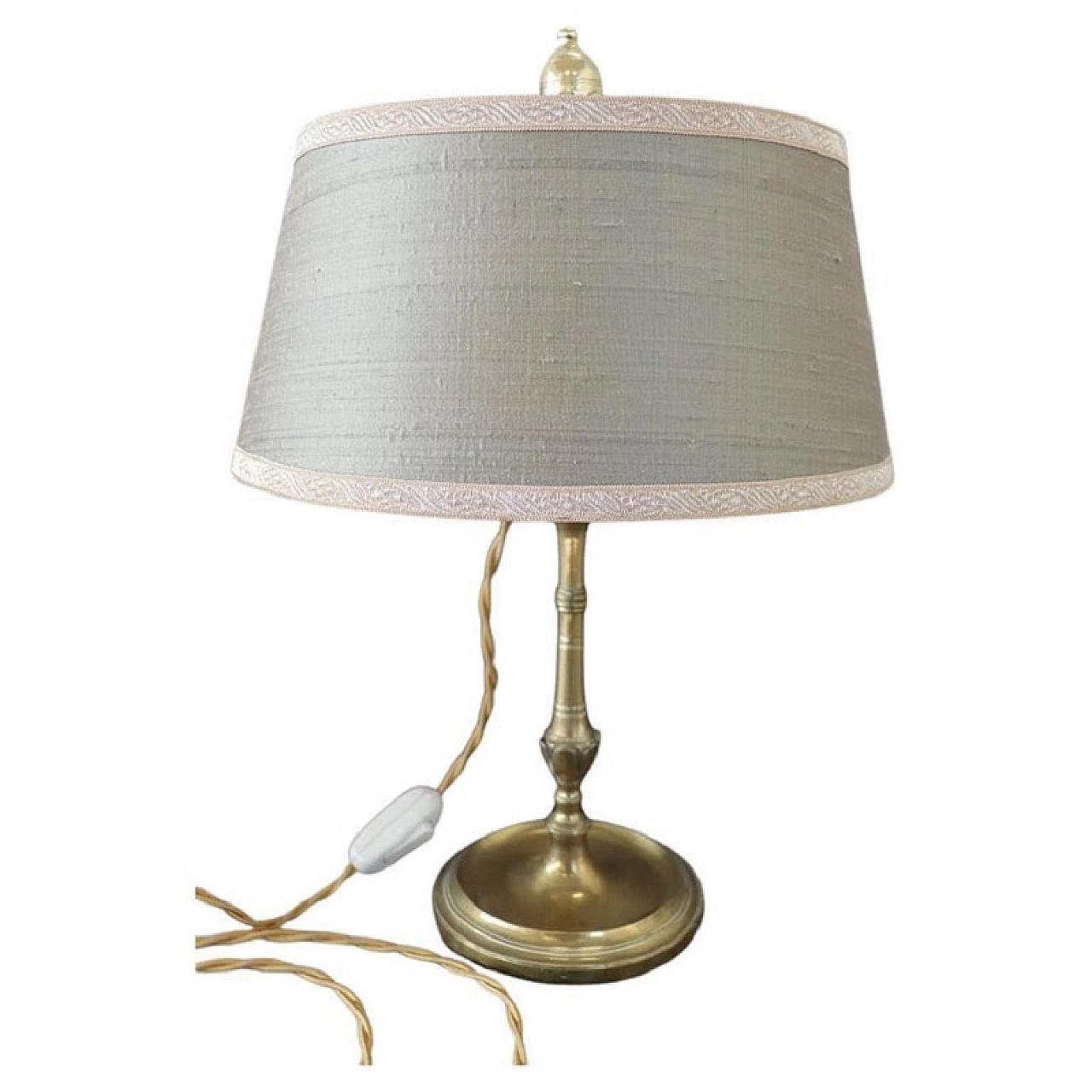 Table lamp in brass with green fabric lampshade, 1980s 1