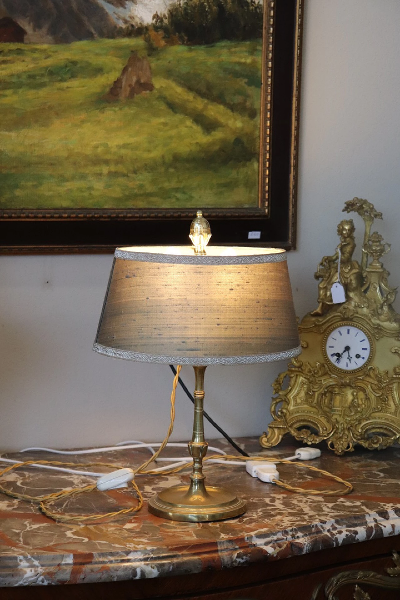 Table lamp in brass with green fabric lampshade, 1980s 2