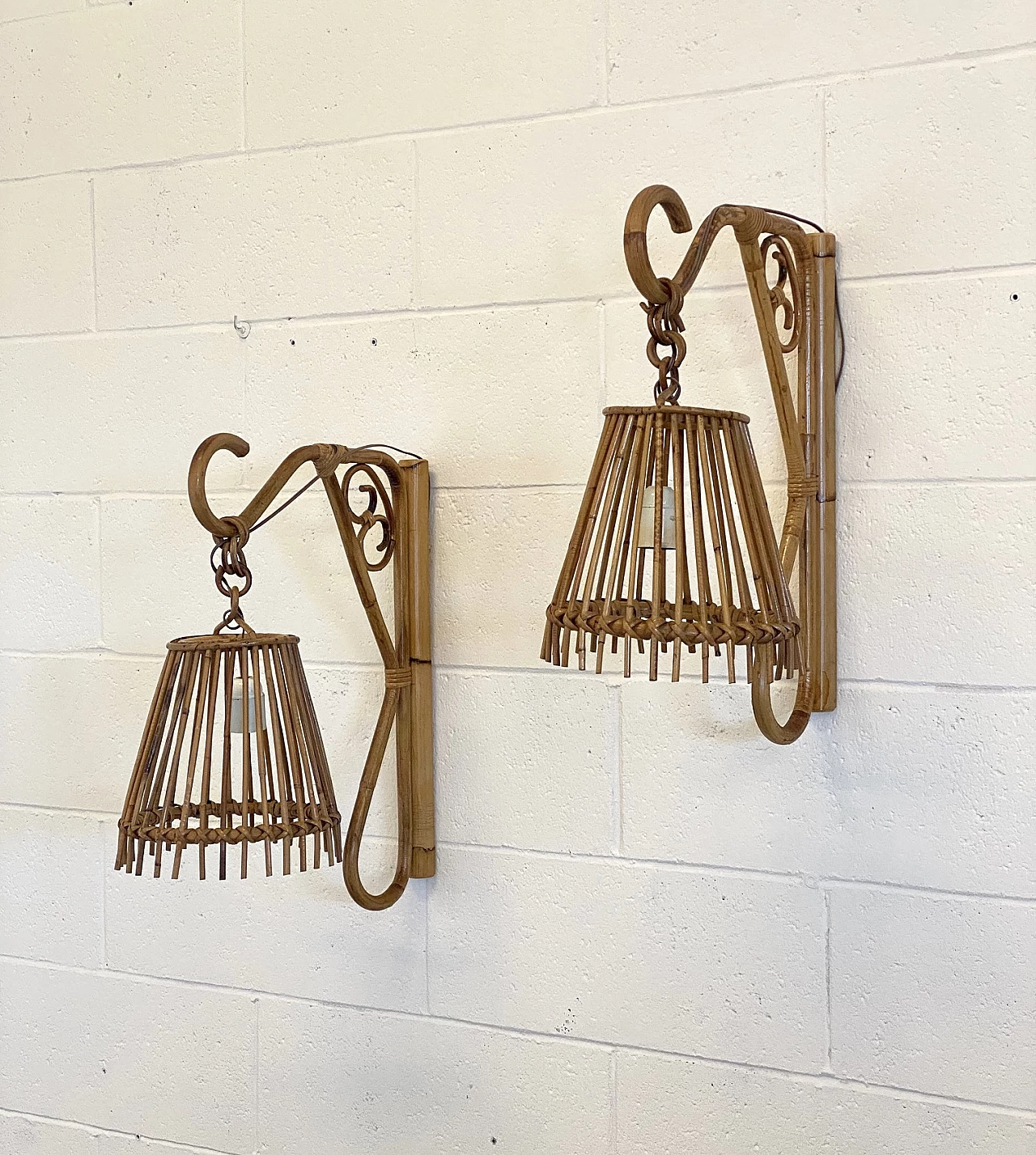 Pair of bamboo wall lights, 1970s 1