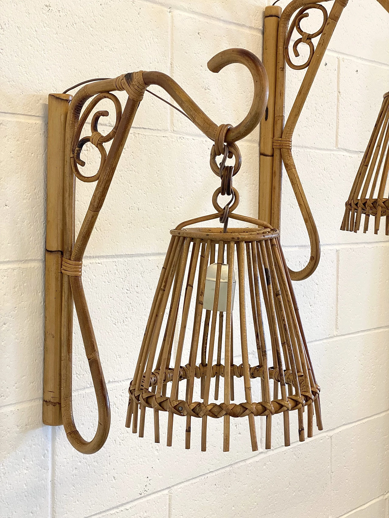 Pair of bamboo wall lights, 1970s 3