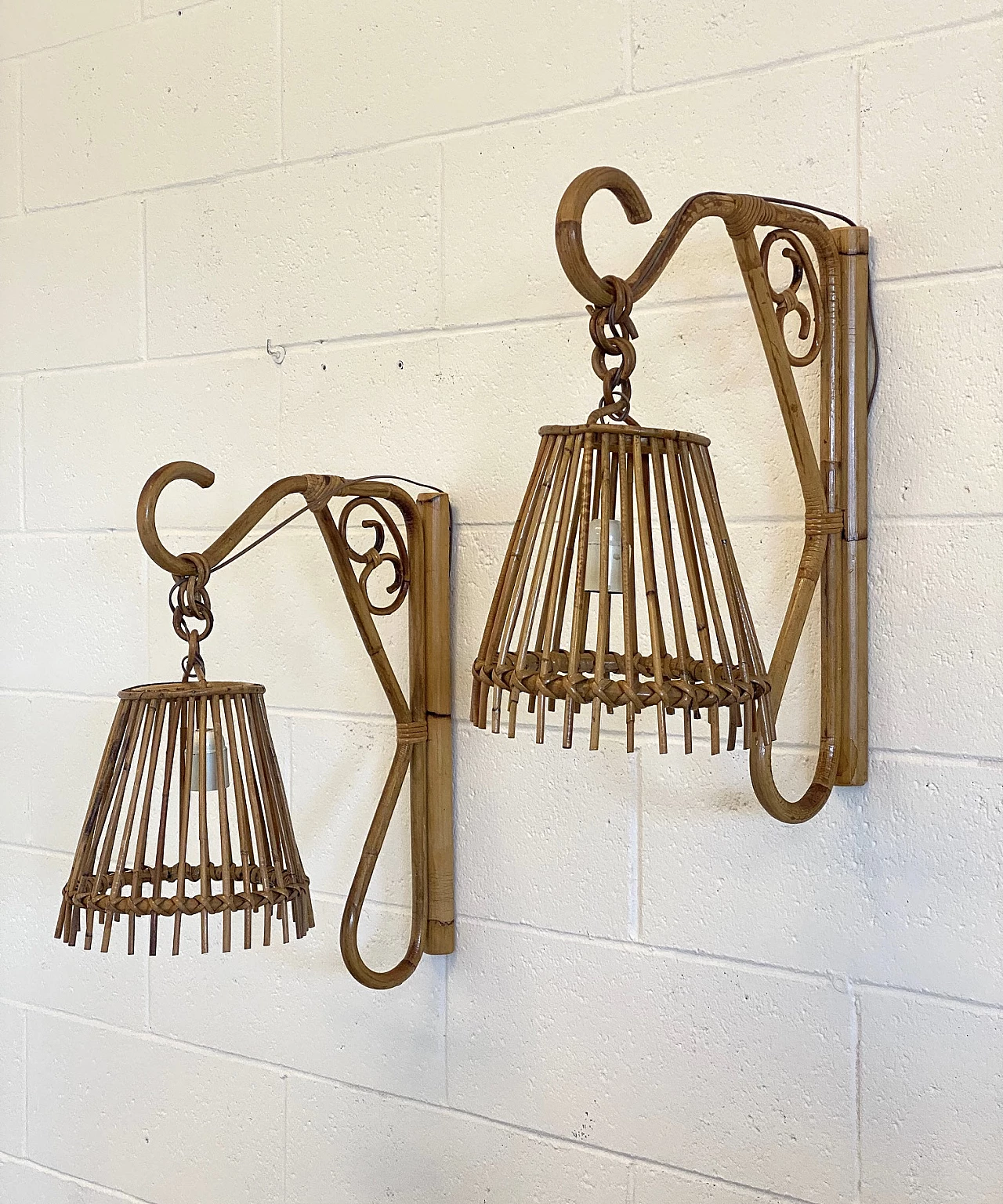 Pair of bamboo wall lights, 1970s 5