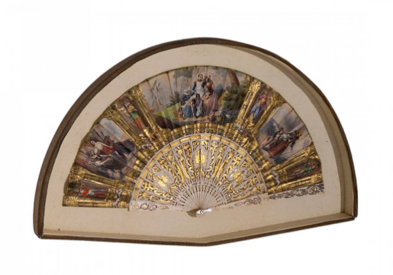 Painted silk fan with case, late 19th century 1