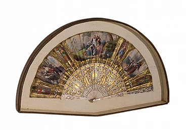Painted silk fan with case, late 19th century