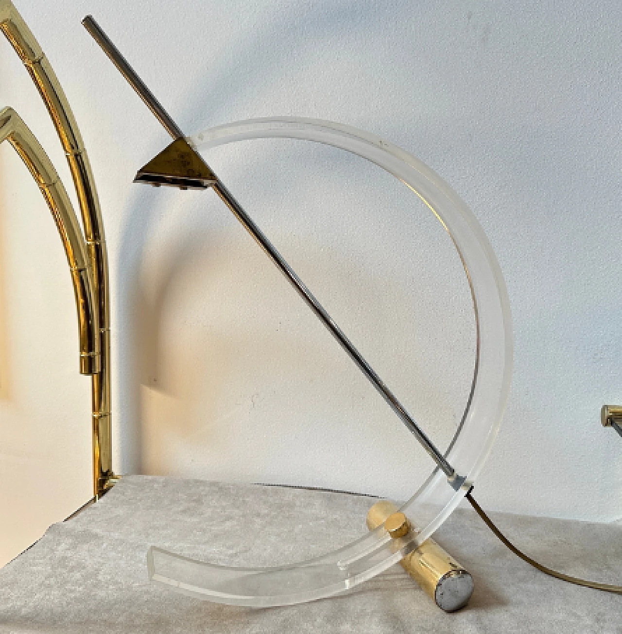 Plexiglass and metal arc table lamp, 1980s 3