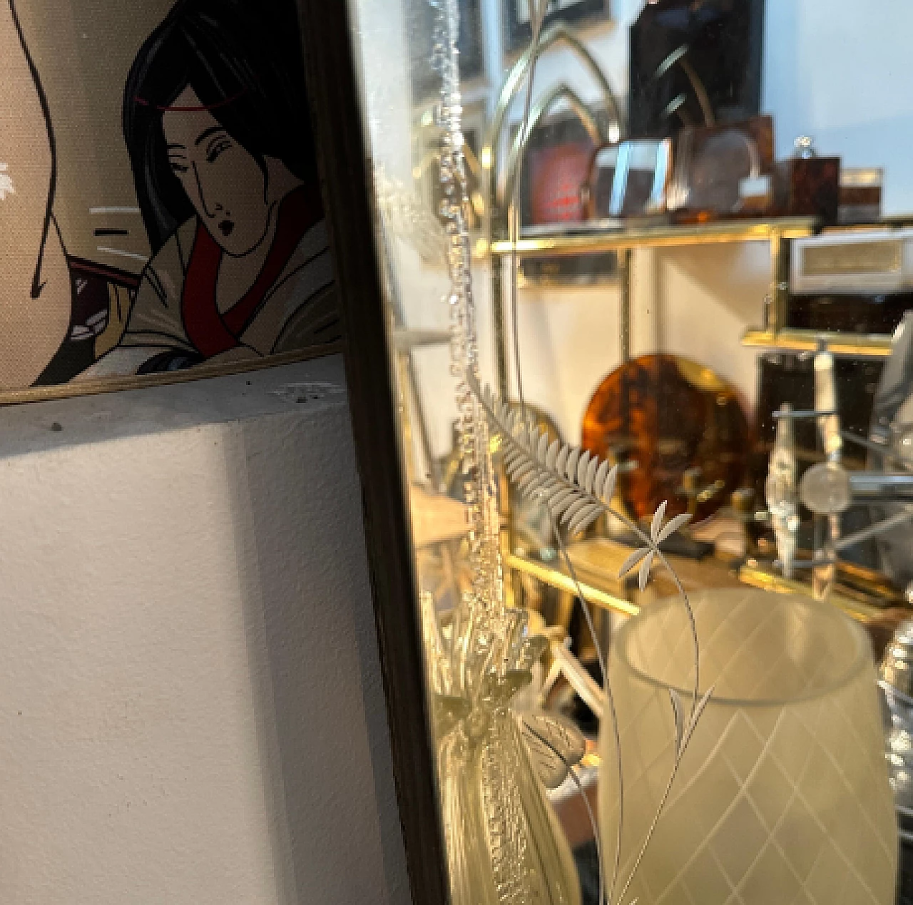 Specchio ottagonale Art Déco in vetro acidato e ottone, anni '30 13