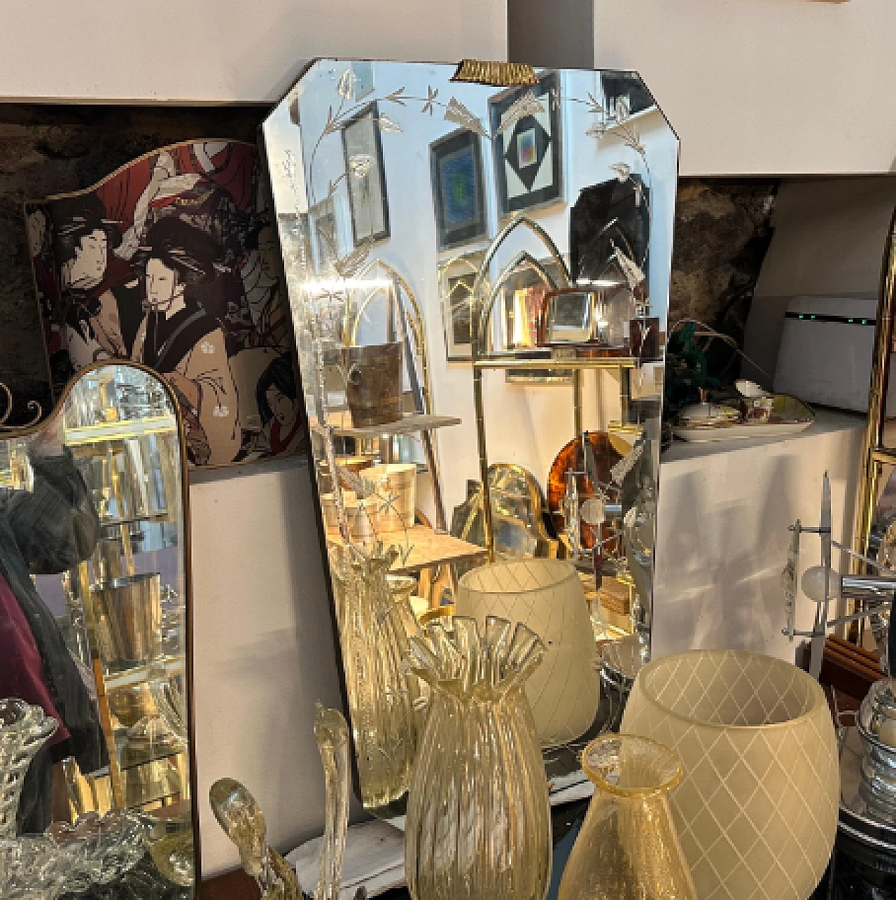 Specchio ottagonale Art Déco in vetro acidato e ottone, anni '30 15