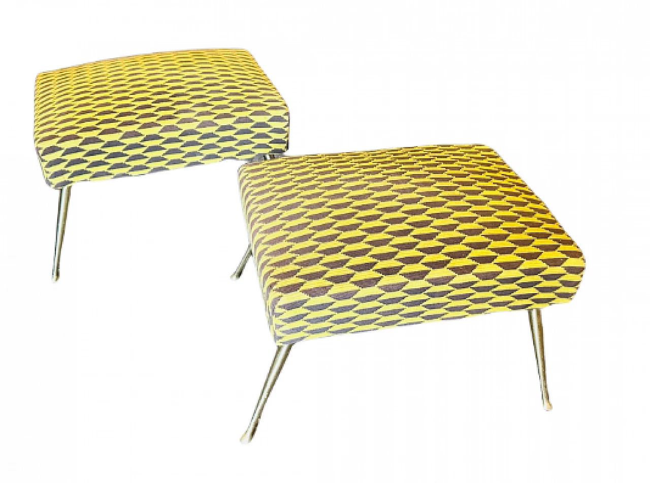 Pair of brass and Dedar fabric stools, 1950s 1